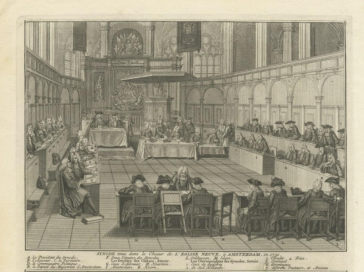 Paper Engraving of a Meeting of the Dutch Synode in Amsterdam, The Netherlands, 1732 For Sale