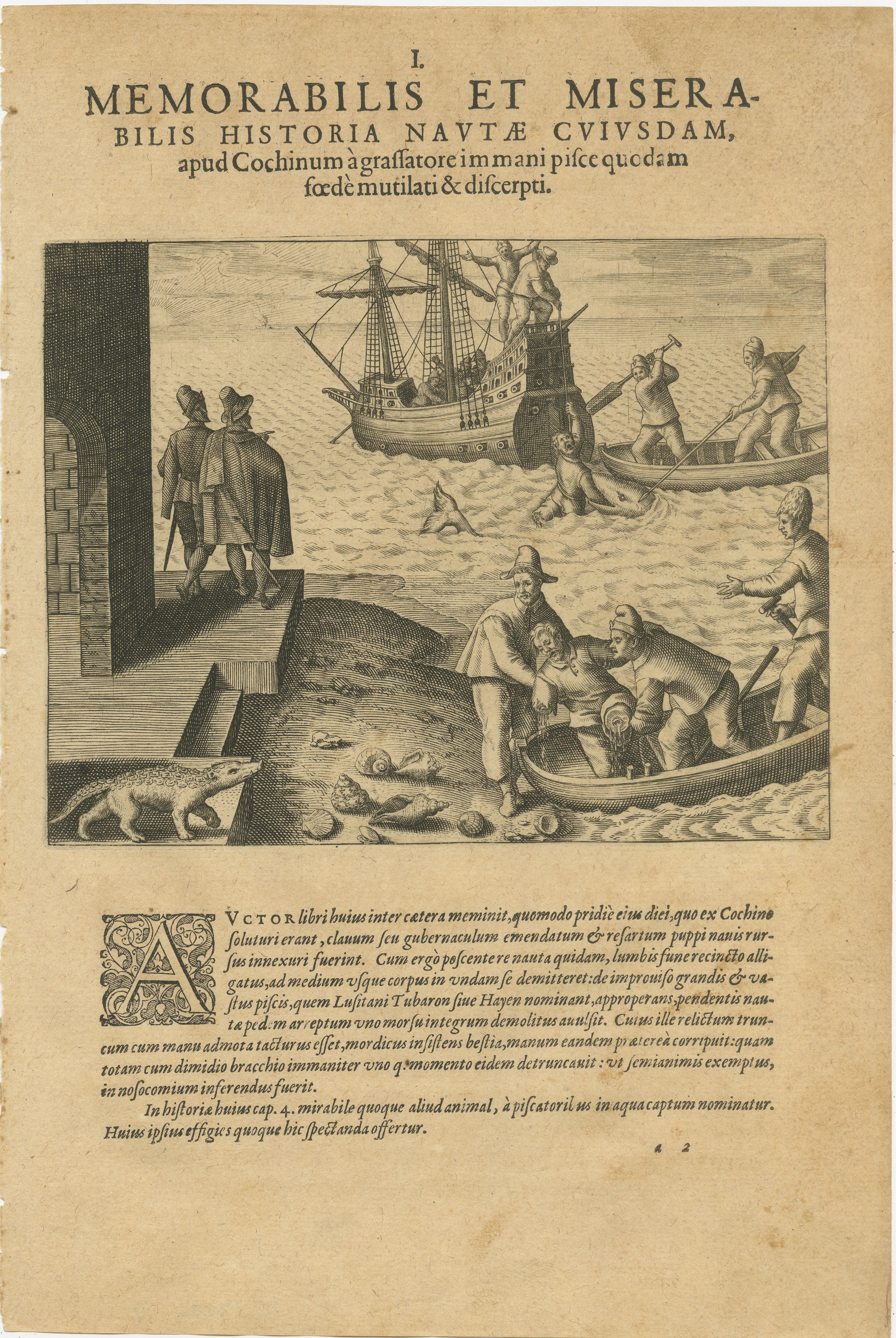 Engraving by Theodore De Bry from 'Pars Quarta Indiae Orientalis...,' 1601,  with descriptive latin text below the image.

Colossal Crustaceans: The de Bry Engraving of Nautical Battles with Giant Crabs.

Unleash the power of history and exploration