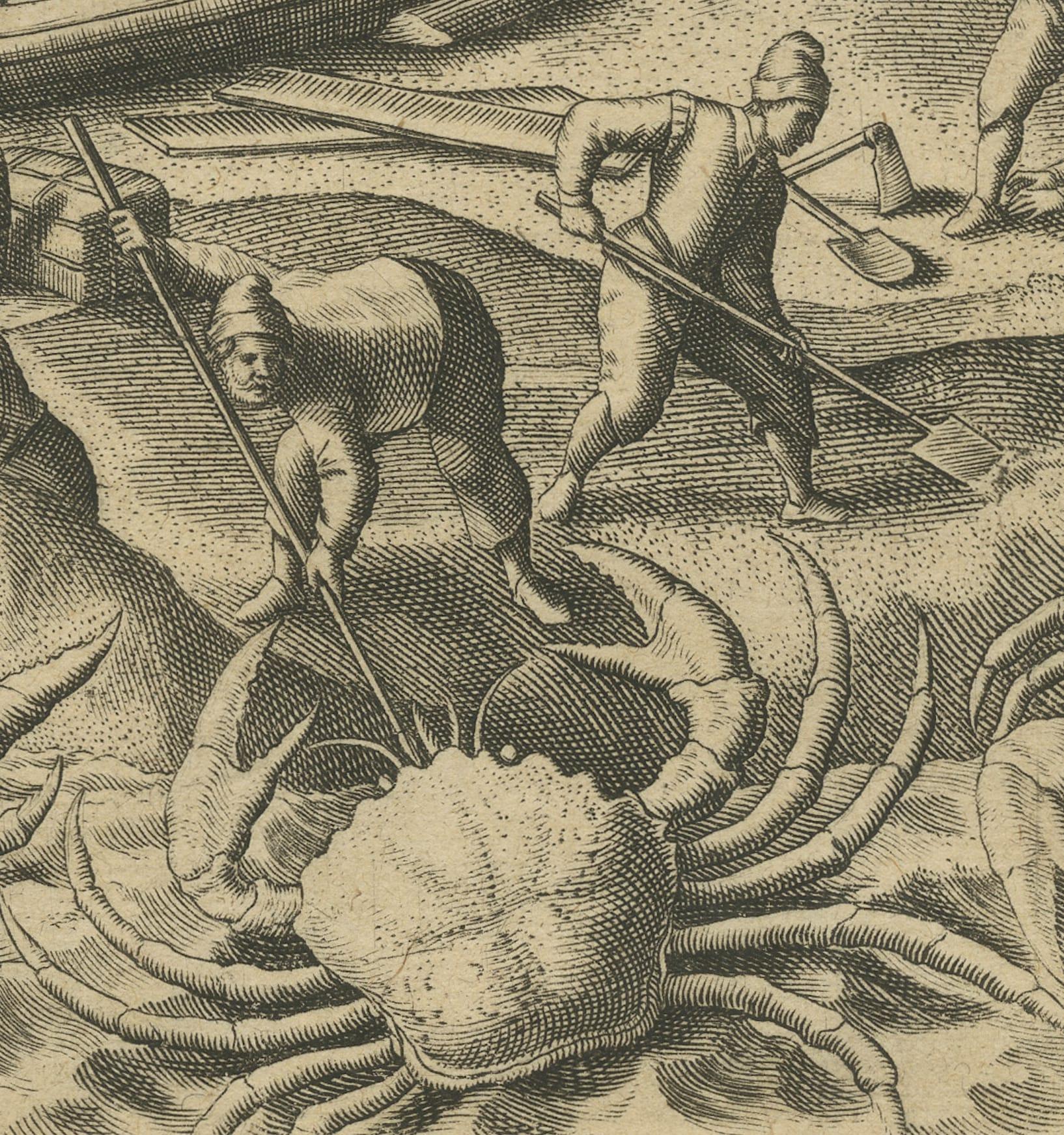 Gravé Gravure d'une bataille nautique des Hollandais aux Éychelles avec des grues géantes, 1601 en vente