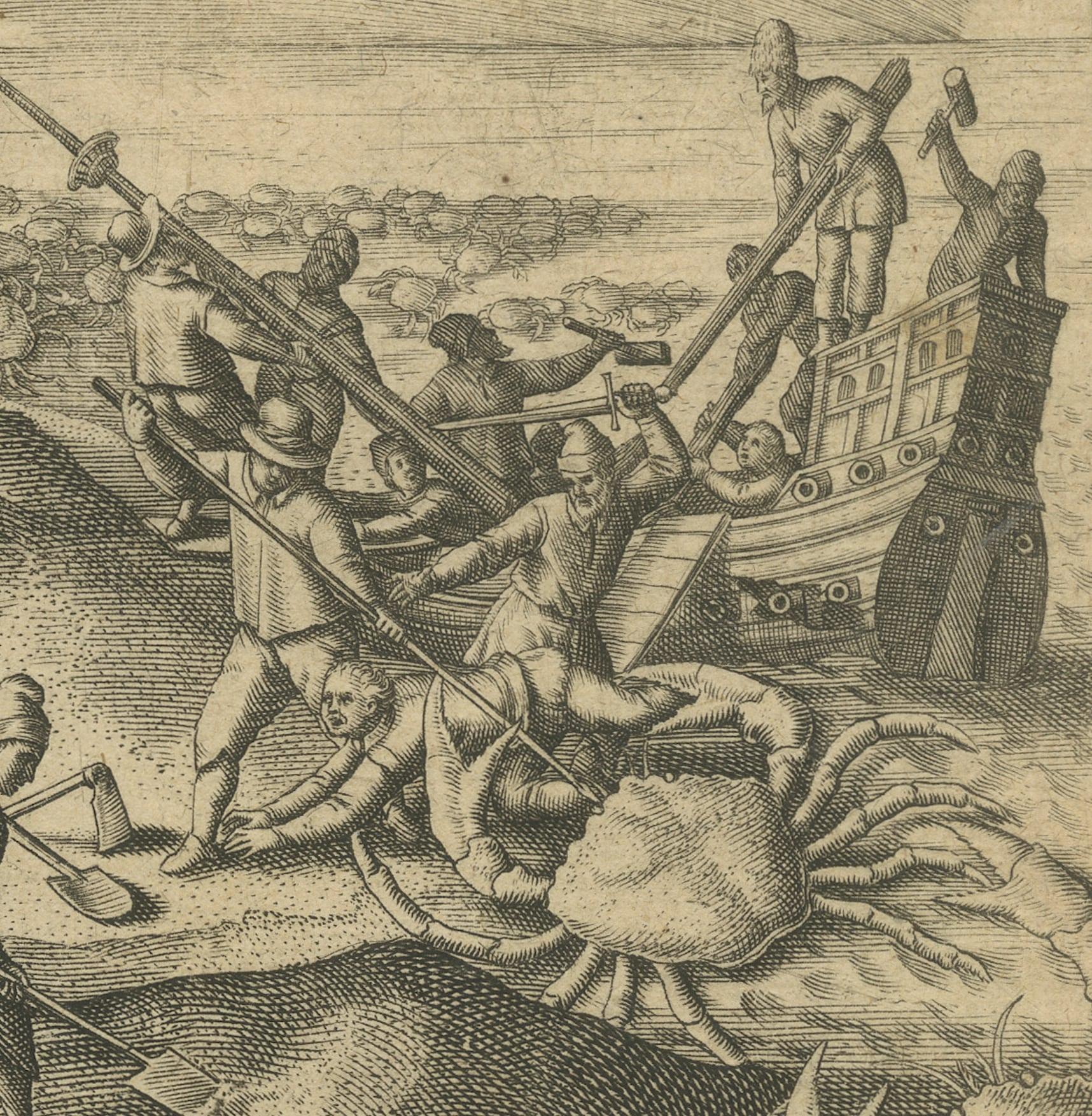 Gravure d'une bataille nautique des Hollandais aux Éychelles avec des grues géantes, 1601 Bon état - En vente à Langweer, NL