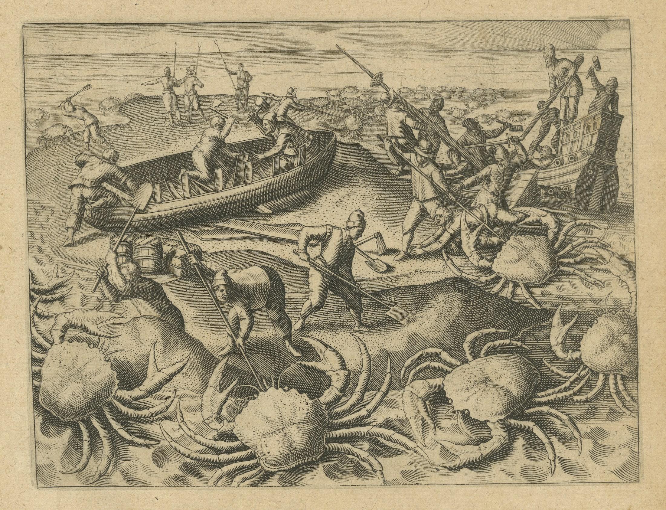 17ème siècle Gravure d'une bataille nautique des Hollandais aux Éychelles avec des grues géantes, 1601 en vente