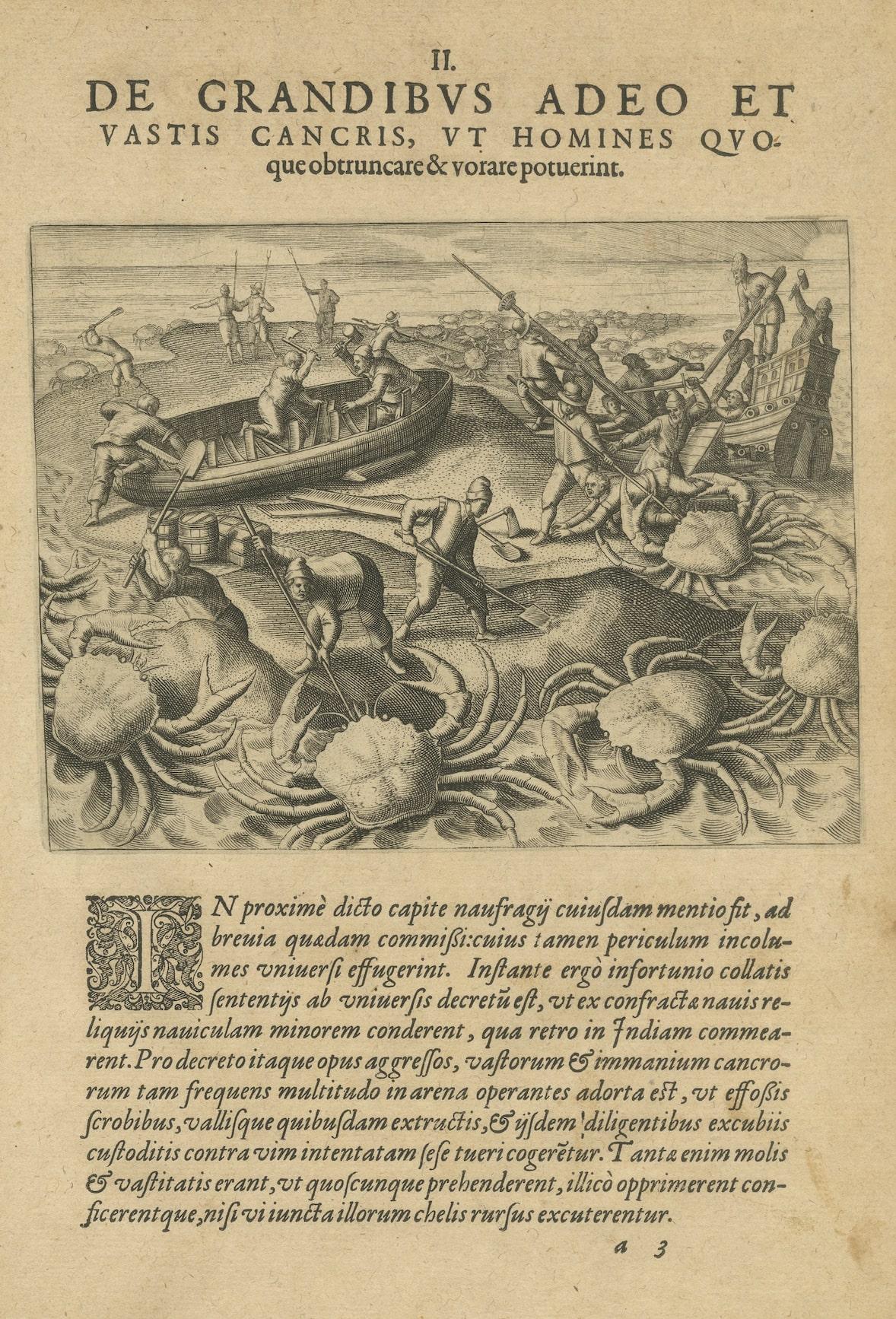 Papier Gravure d'une bataille nautique des Hollandais aux Éychelles avec des grues géantes, 1601 en vente