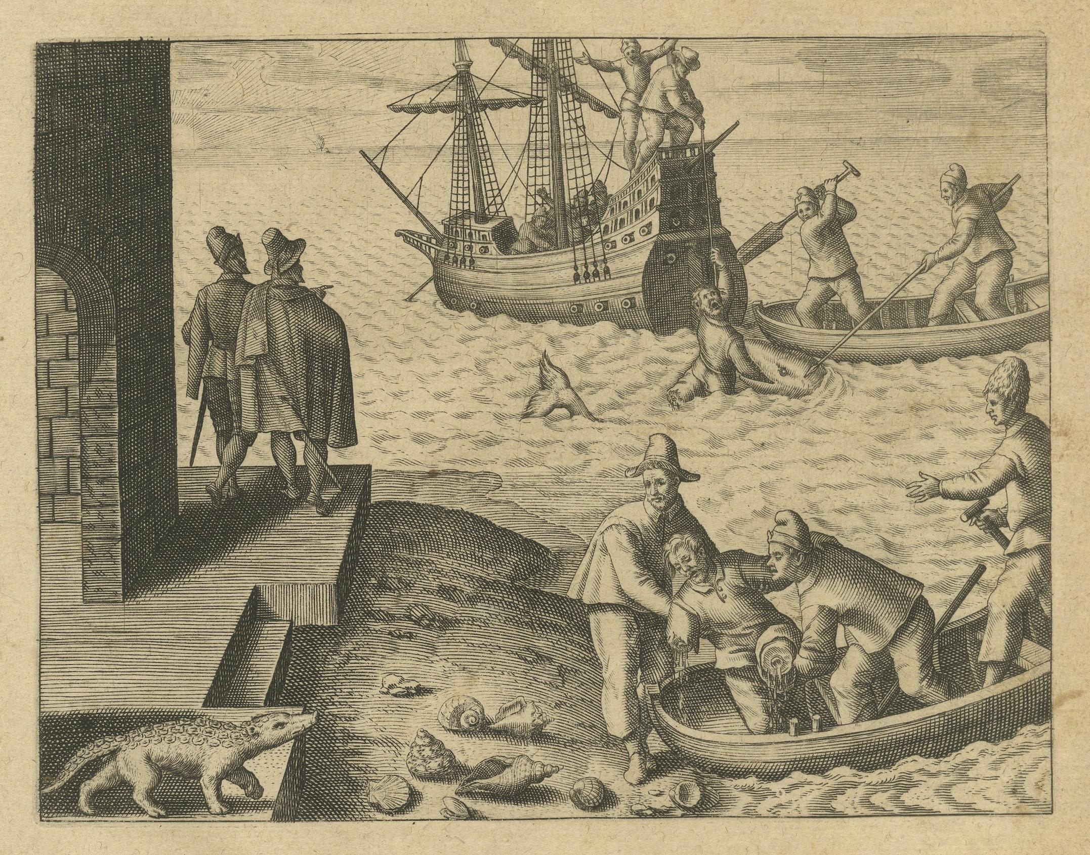 Gravure d'une bataille nautique des Hollandais aux Éychelles avec des grues géantes, 1601 en vente 1