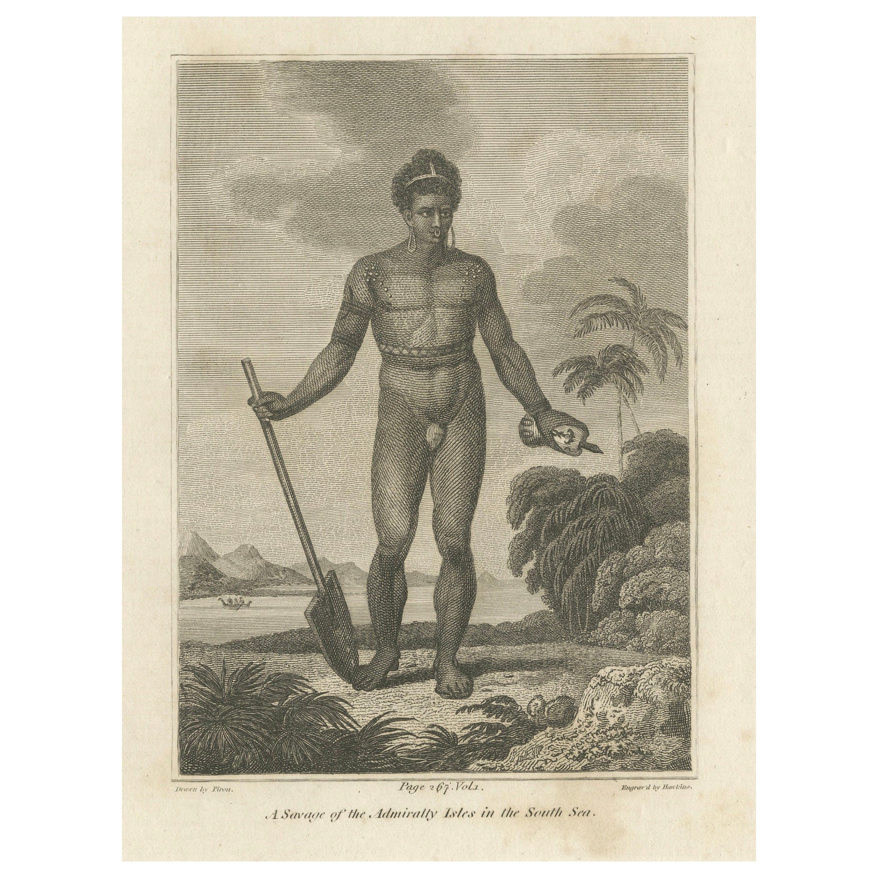 Grabado de Un salvaje de las islas del Almirantazgo en el archipiélago de Bismarck, 1801