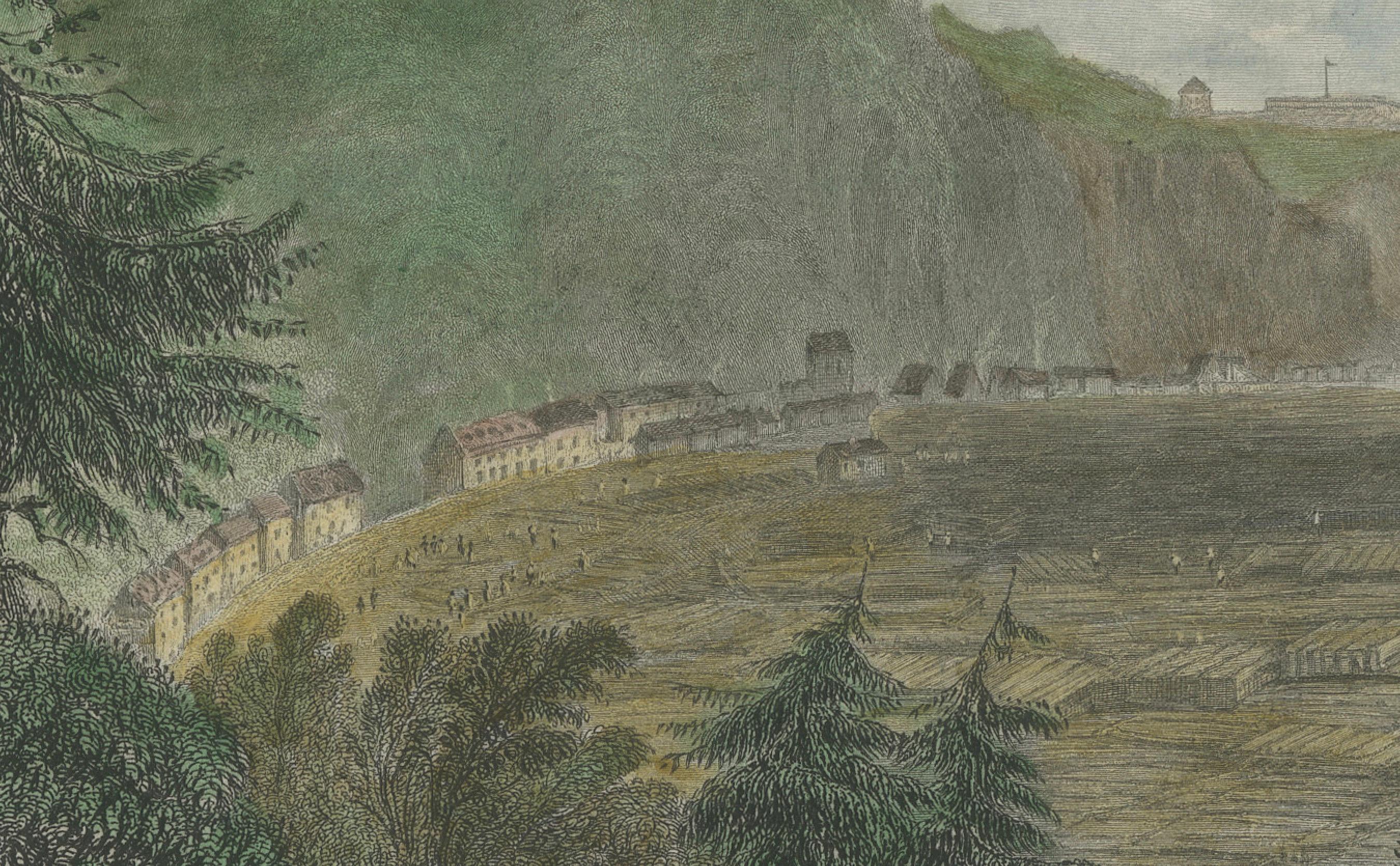 Gravur eines Holztopfes am St Lawrence River in der Nähe der Stadt Quebec, 1850 im Zustand „Gut“ im Angebot in Langweer, NL