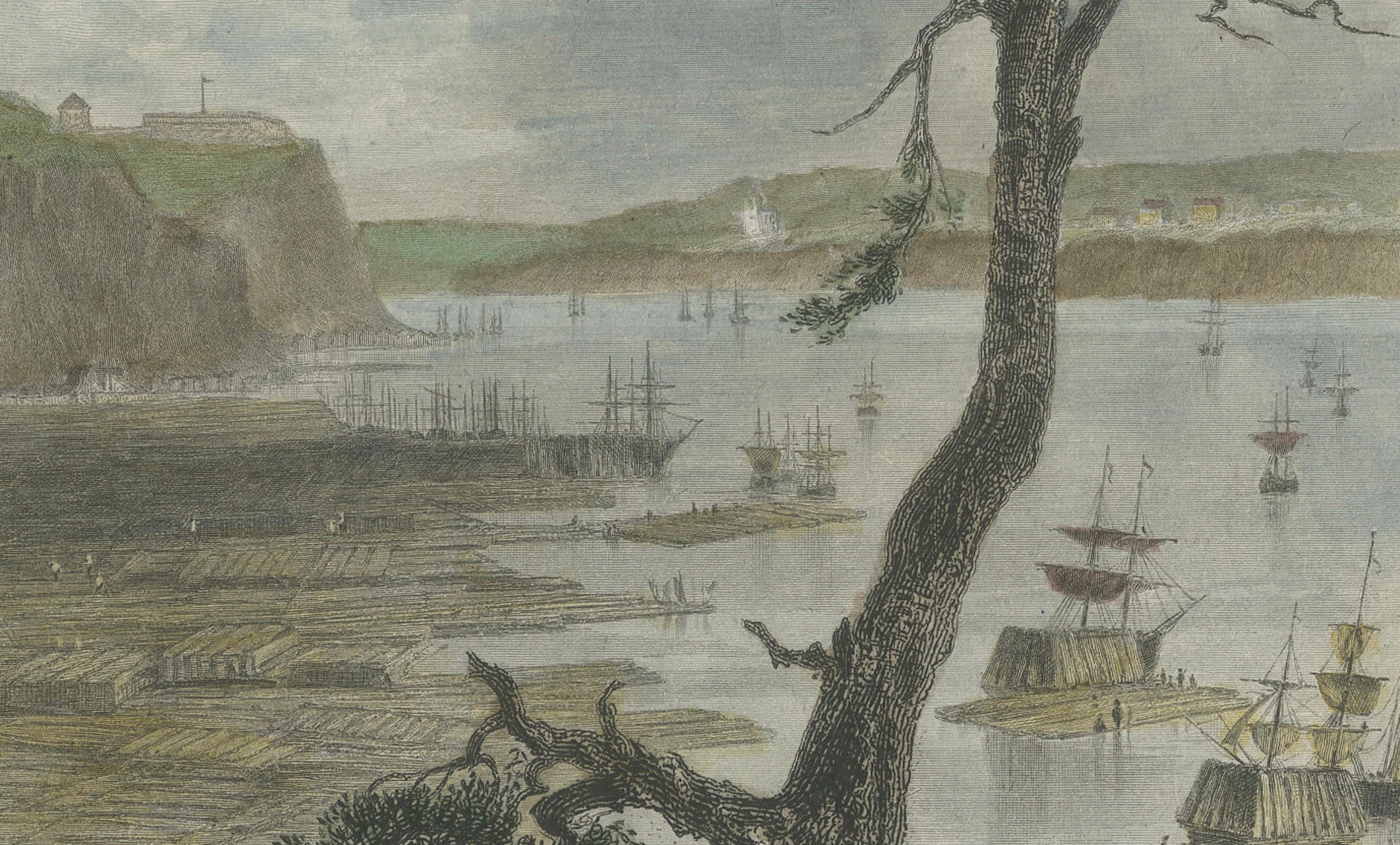 Gravur eines Holztopfes am St Lawrence River in der Nähe der Stadt Quebec, 1850 (Mittleres 19. Jahrhundert) im Angebot