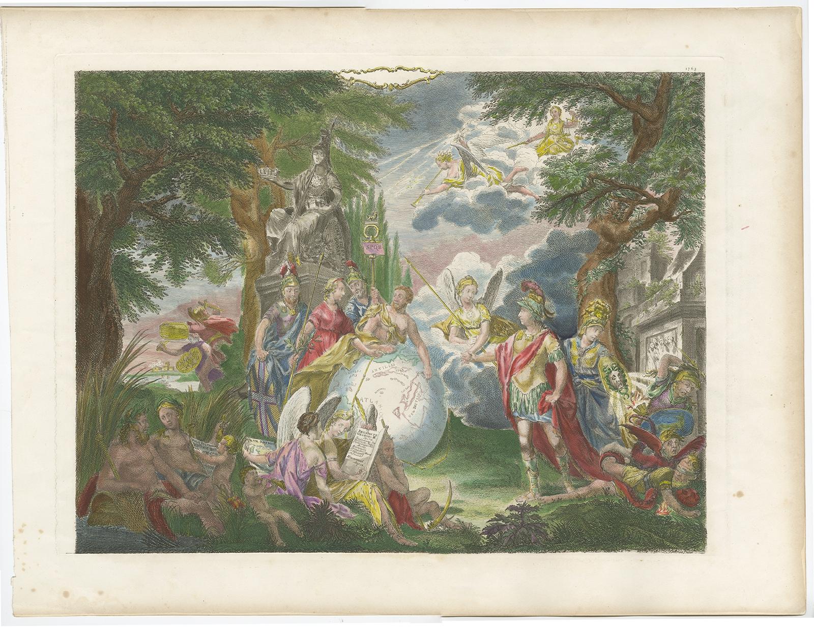 Antique print, untitled. Wonderful allegorical antique hand colored engraving depicting the celebrations of the British victories in America at the conclusion of the French & Indian (Seven Years) War after J. Miller (1763). 

The print includes