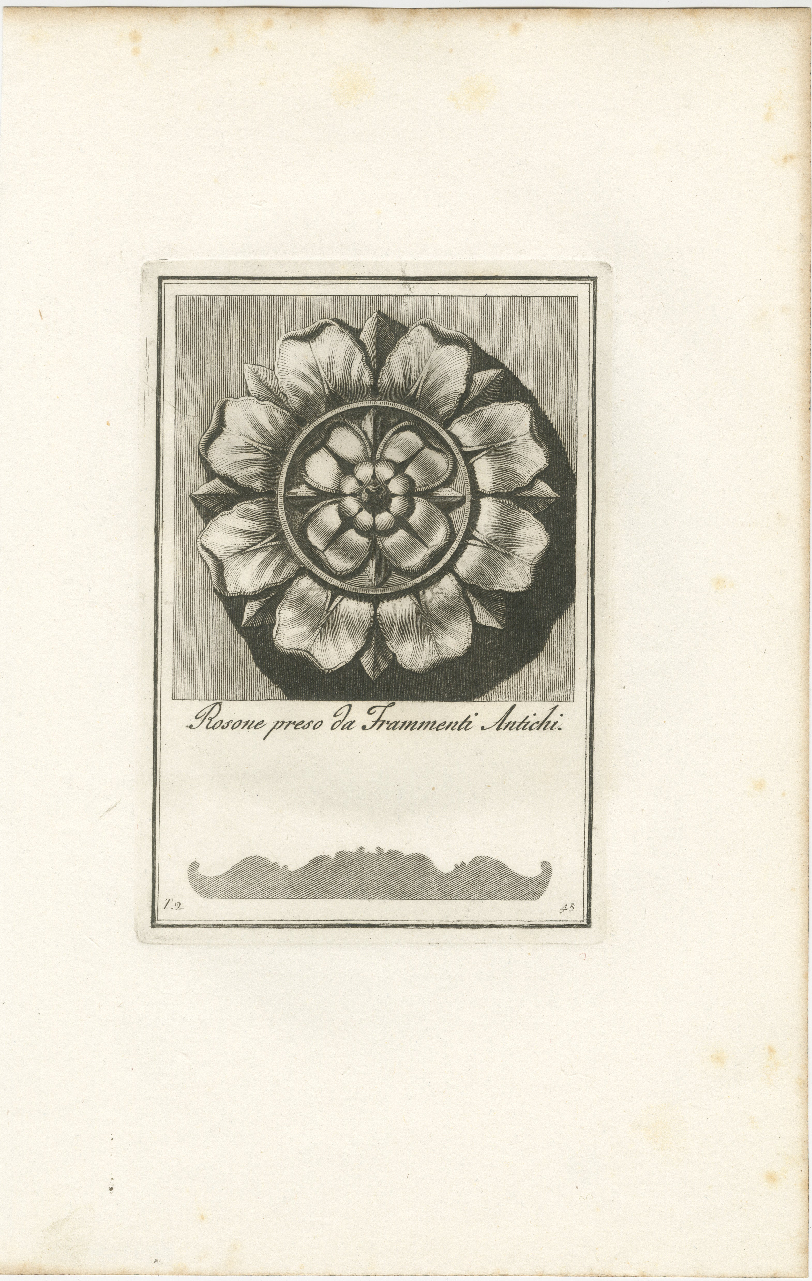 This image is an original architectural print depicting a rosette, a decorative motif fashioned after a stylized rose, commonly found in classical and neoclassical architecture. The print is labeled 