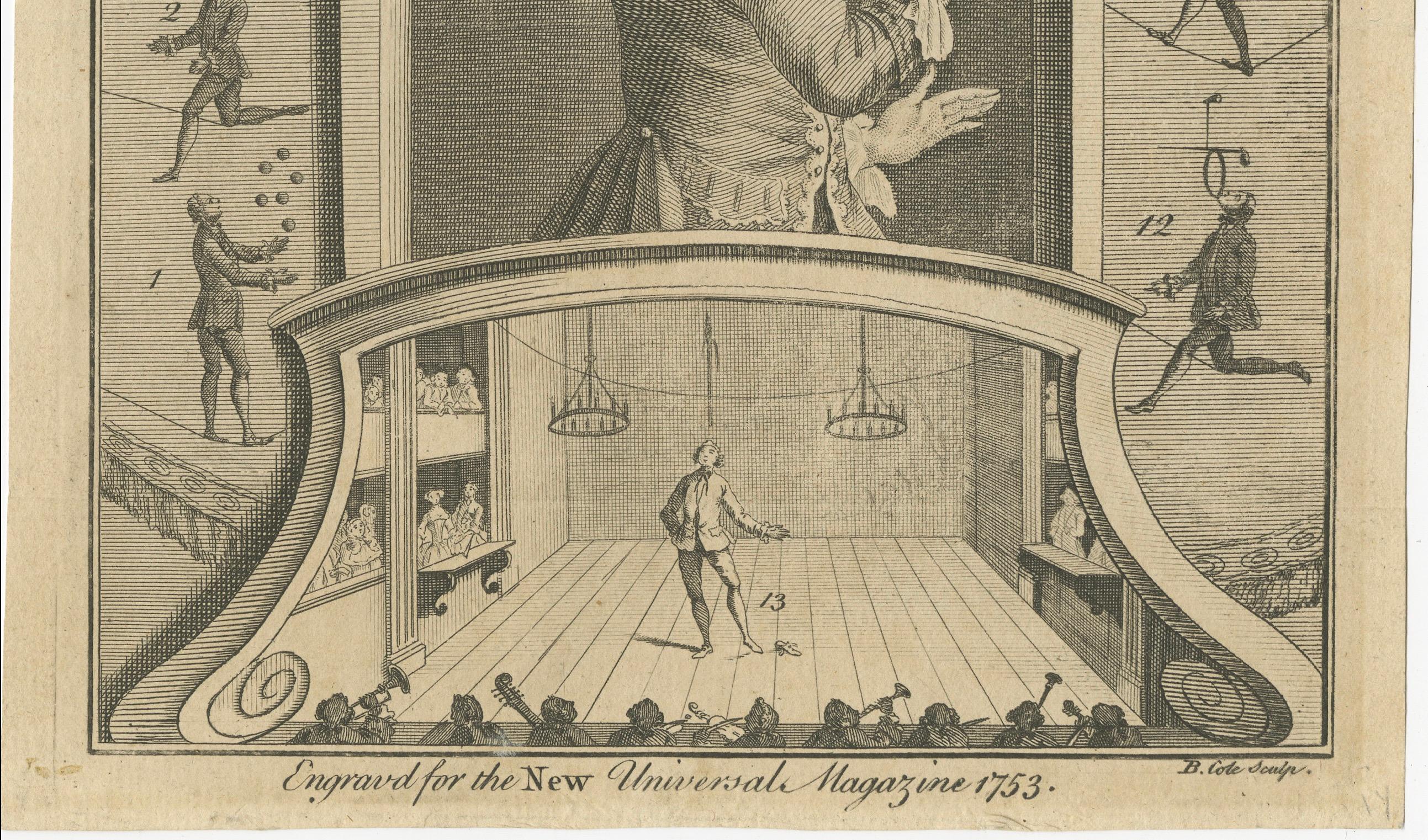 This engraving features Anthony Madox, an English performer known for his dexterity and contortion skills. He was active in the 18th century and was renowned enough to perform before royalty at the New Theatre in Covent Garden. The image appears to