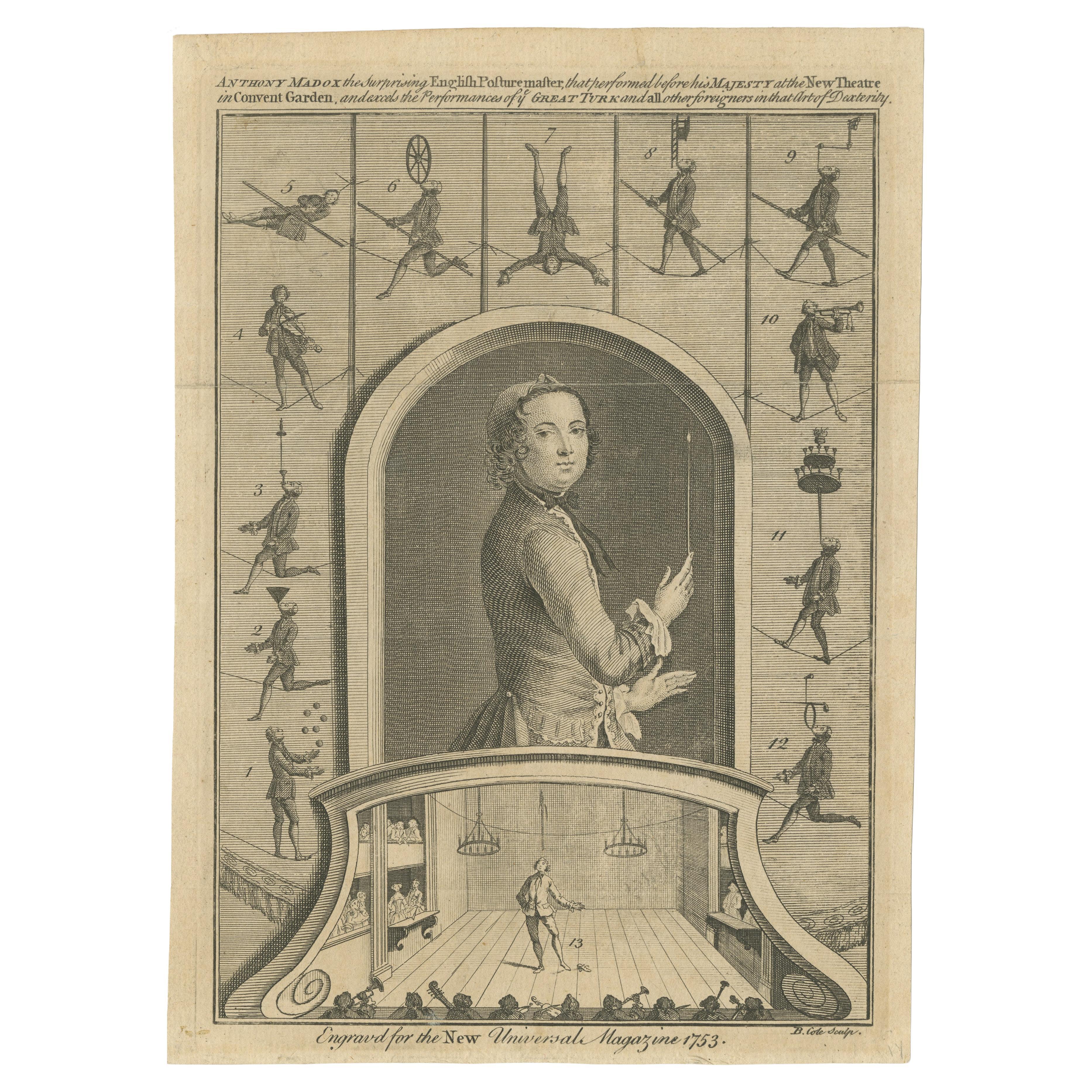 Engraving of Anthony Madox: 1753 Master Contortionist For Sale