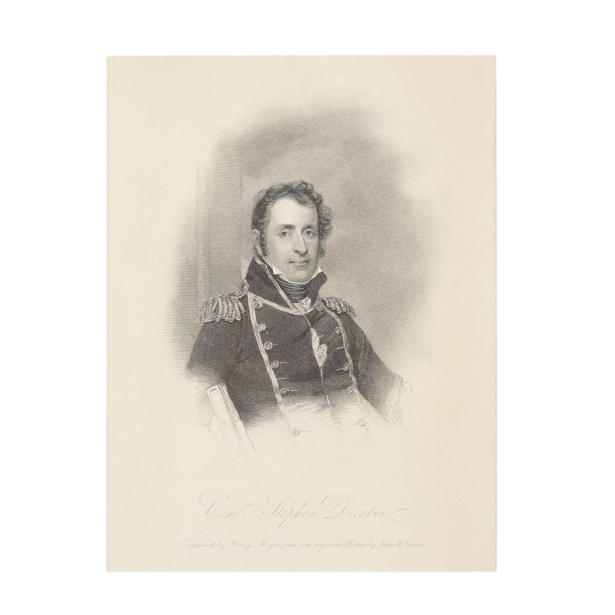 Incisione in rame stampata su carta, dopo il ritratto di John Jarvis del Commodoro Stephen Decatur. Incorniciato da una modanatura impiallacciata in palissandro con lunetta dorata.
Circa 1825.