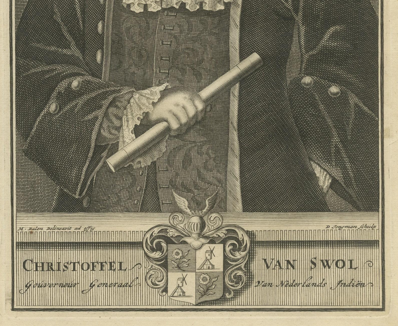 Engraving of Distinguished Governor-General of the VOC Christoffel van Swol 1724 In Good Condition For Sale In Langweer, NL