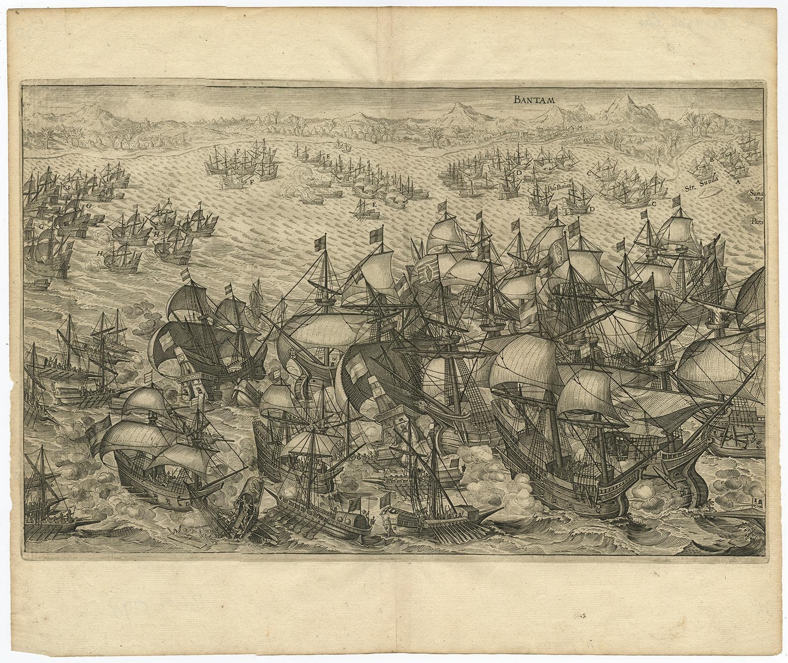 Antique print titled 'Bantam'. 

Copper engraving of the Dutch attack on the Portuguese fleet off Bantam in 1601 depicted as the victory of Admiral Wolfert Harmensz and his 5 ships over 30 Portuguese ships. The ships in the battle include the