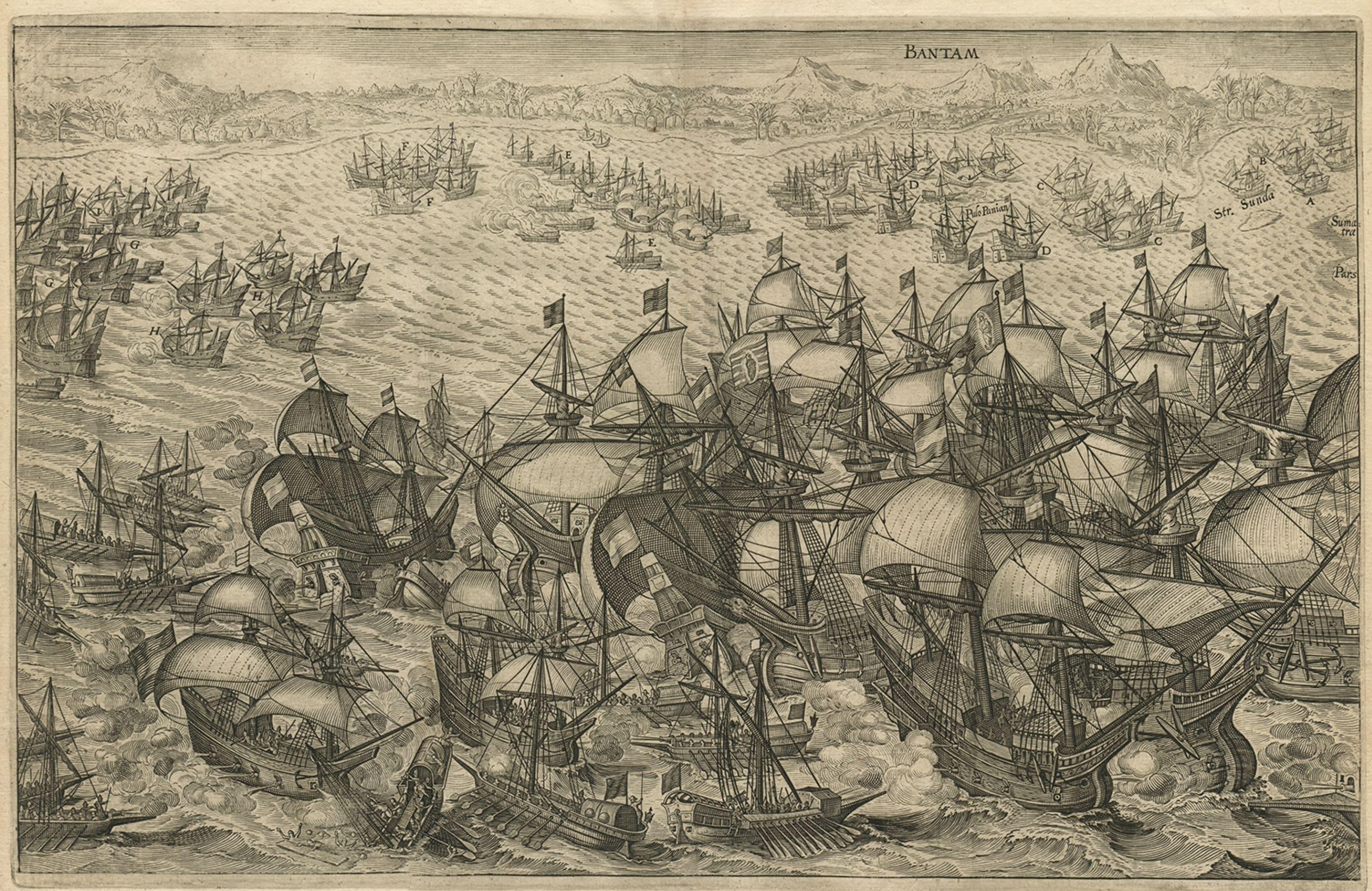 Gravure d'une attaque néerlandaise de la flotte portugaise au large de Bantam, Indonésie, 1644 Bon état - En vente à Langweer, NL
