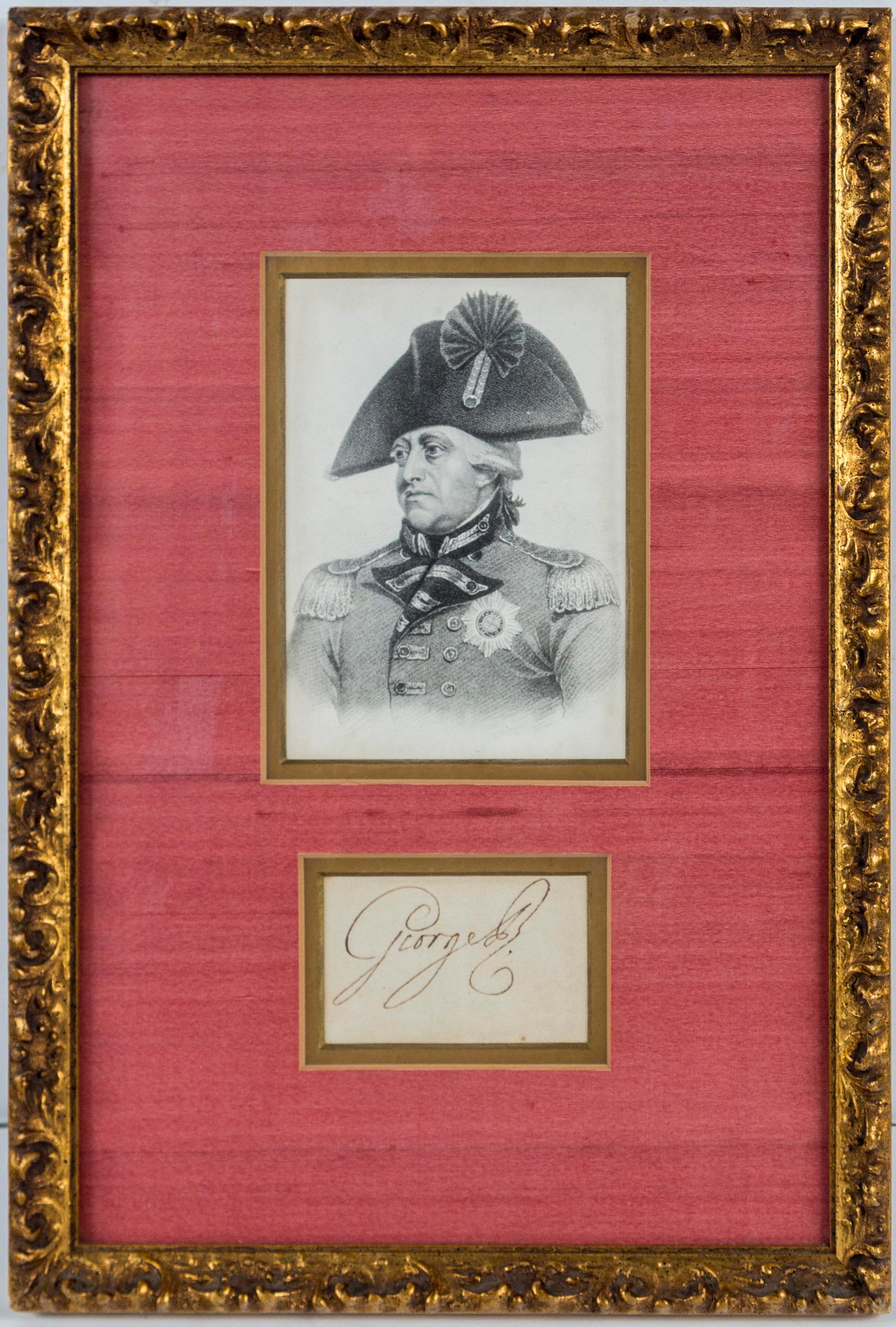 An engraving of King George III of Great Britain and Ireland, together with his signature. Neither examined out of frame. He wears a military uniform and hat of the late 18th century-early 19th century.
The autograph George R as King of Great