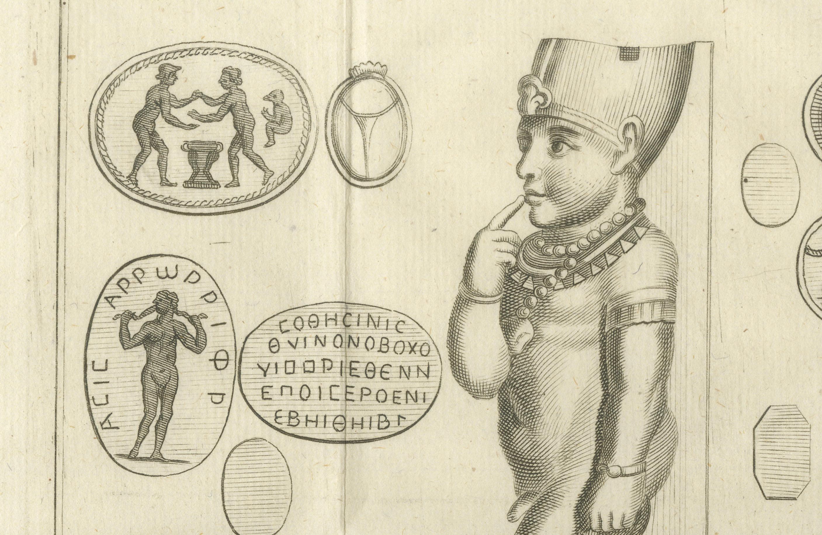Titel: Kupferstich von Harpokrates und altägyptischen magischen Siegeln, um 1776

Beschreibung:
Dieser eindrucksvolle Kupferstich aus dem 18. Jahrhundert zeigt ein Bild von Harpocrates, dem griechisch-ägyptischen Gott des Schweigens und der