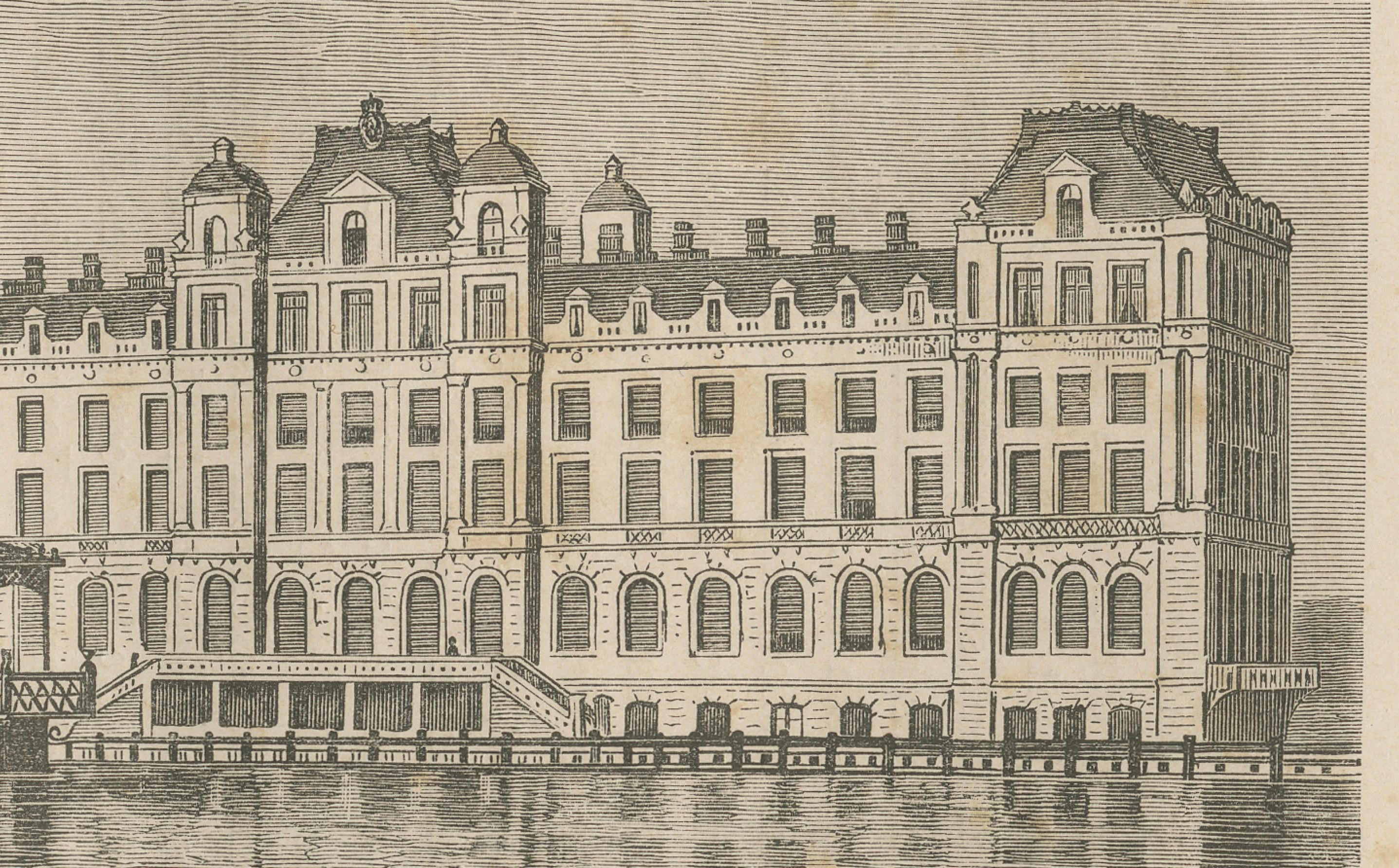 Gravé Gravure de l'Hôtel de l'Amstel à Amsterdam, vue de la rivière Amstel, c.1870 en vente