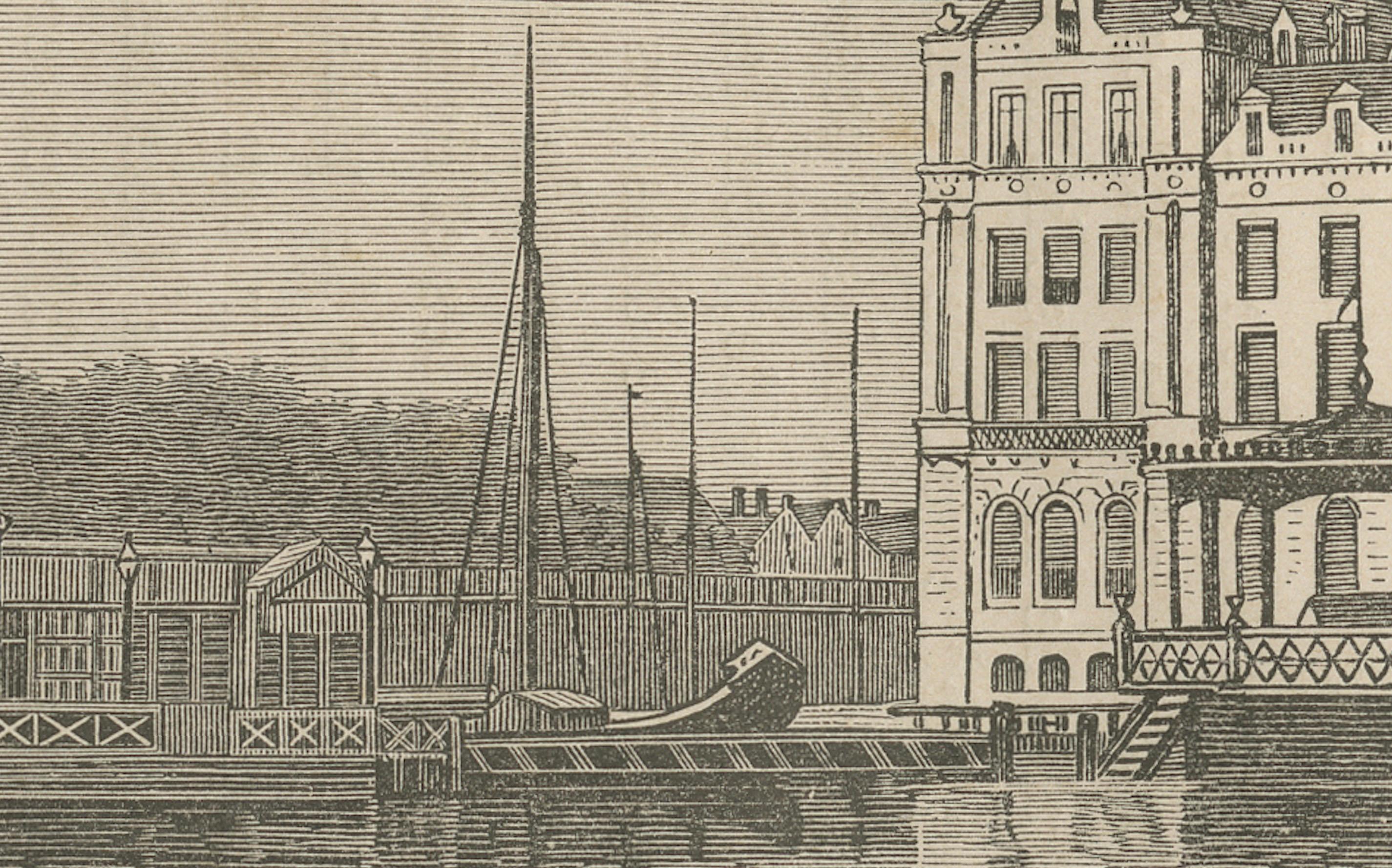 Fin du XIXe siècle Gravure de l'Hôtel de l'Amstel à Amsterdam, vue de la rivière Amstel, c.1870 en vente