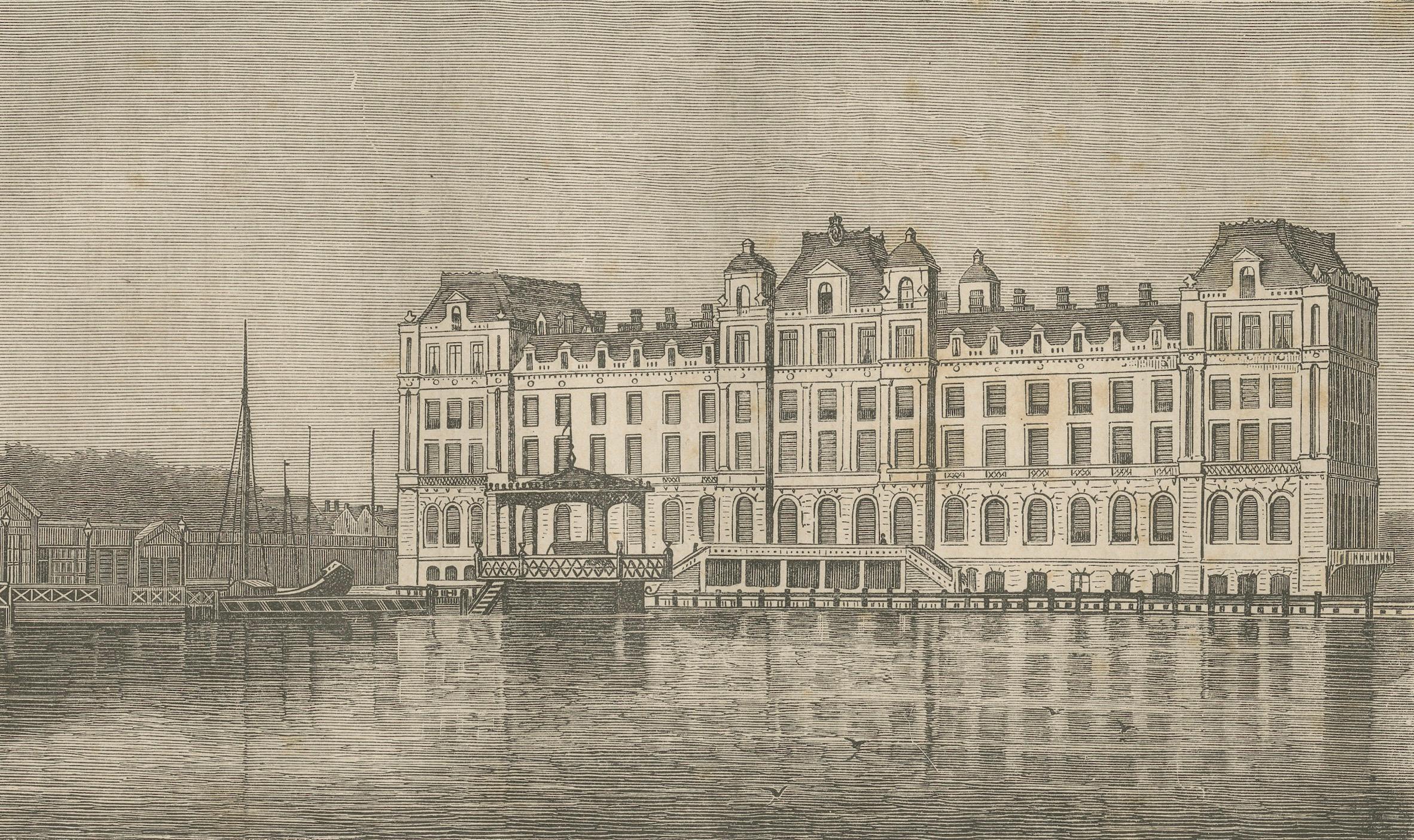Papier Gravure de l'Hôtel de l'Amstel à Amsterdam, vue de la rivière Amstel, c.1870 en vente