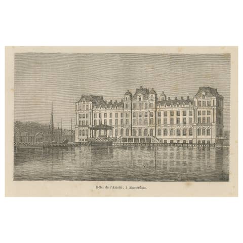 Engraving of Hôtel de l’Amstel in Amsterdam viewed from the Amstel River, c.1870