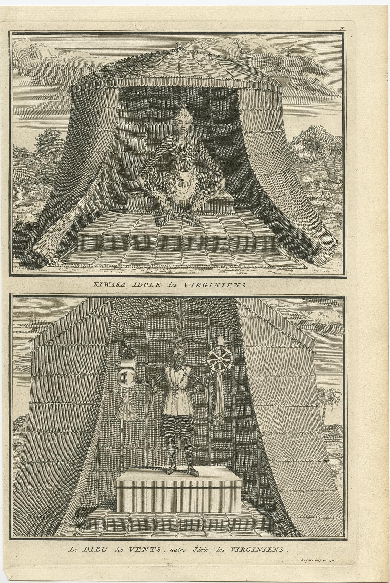 Two religious images on one plate. Upper image 'Kiwasa idole des Virginiens'. 

Kiwasa, this Idol is placed in the temple of the town of Secotam, as the keeper of the king's dead corpses. 

Lower image 'Le Dieu des Vents, autre Idole des