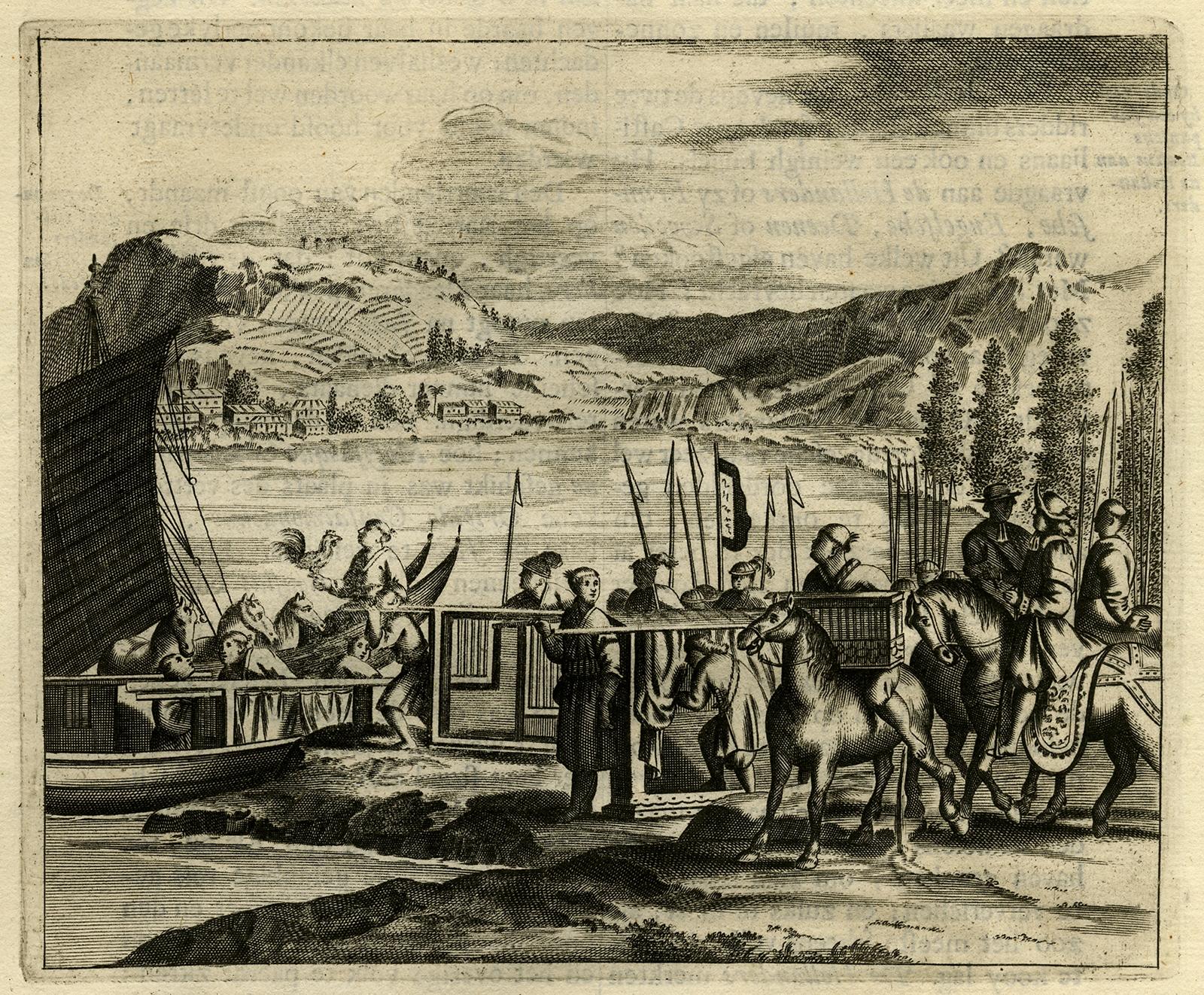 Antique print titled 'Japansche haanen wonderlyk vervoert.' 

This print shows the transportation of Japanese roosters. Several Japanese horsemen arrive at a boat moored at the edge of a river. The text explains the Japanese carried roosters on