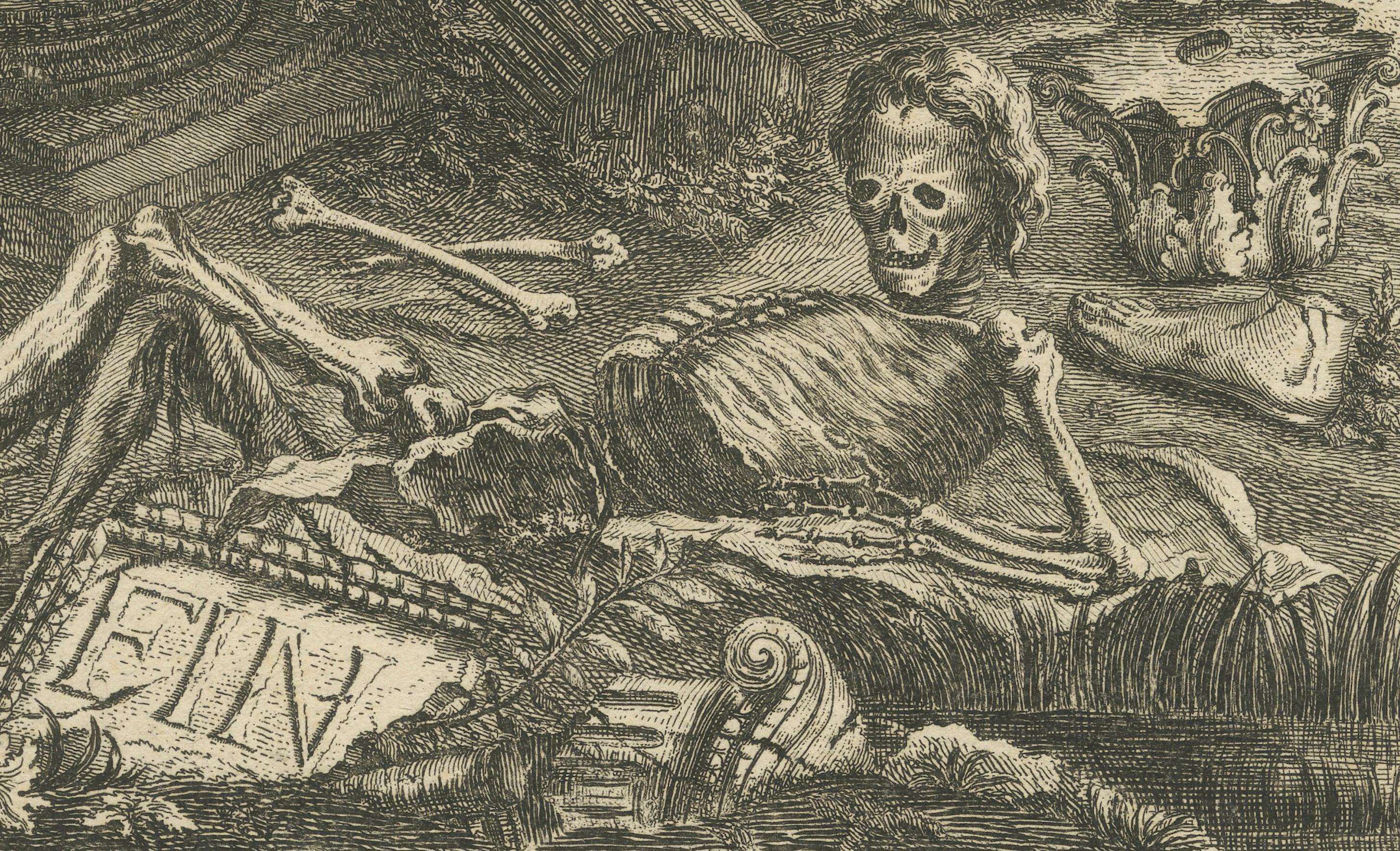 Mid-18th Century Engraving of Julius Ceasar's Ruins and Skeleton: A Charpentier Vanitas, 1757 For Sale