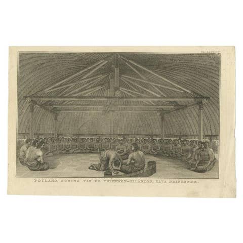 Engraving of King Poulaho of the Friendly Islands (Tonga) drinking Cava, ca.1801