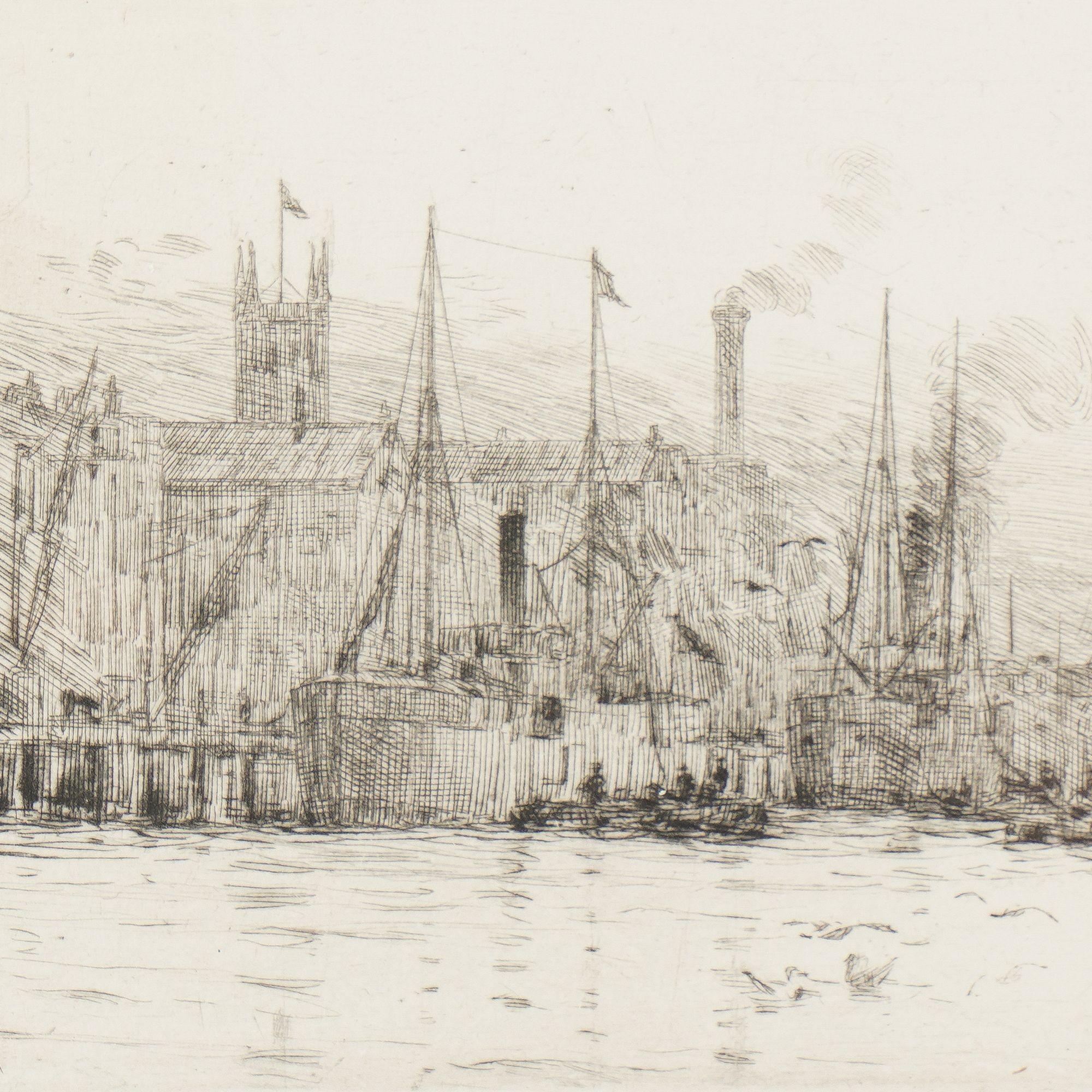Kupferstich von London von den Docklands aus von Rowland Langmaid, 1926 im Zustand „Gut“ im Angebot in Kenilworth, IL