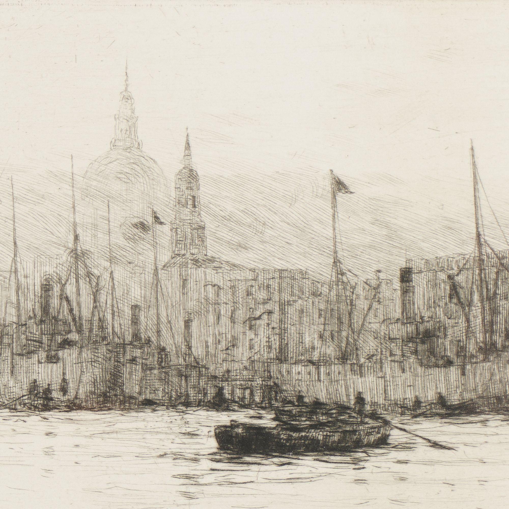 Kupferstich von London von den Docklands aus von Rowland Langmaid, 1926 (Frühes 20. Jahrhundert) im Angebot