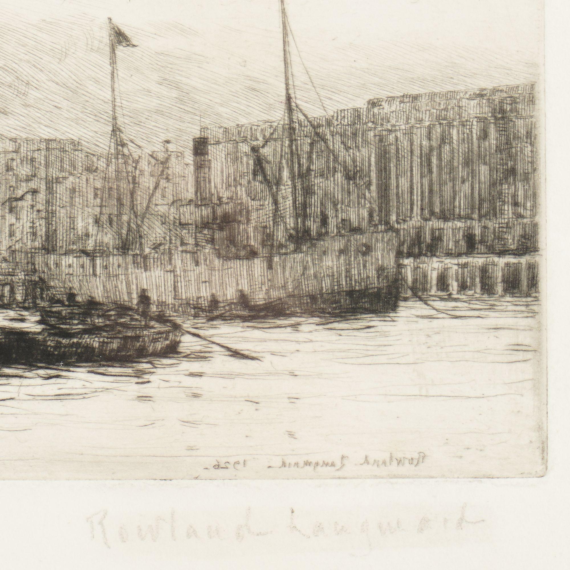 Kupferstich von London von den Docklands aus von Rowland Langmaid, 1926 (Papier) im Angebot