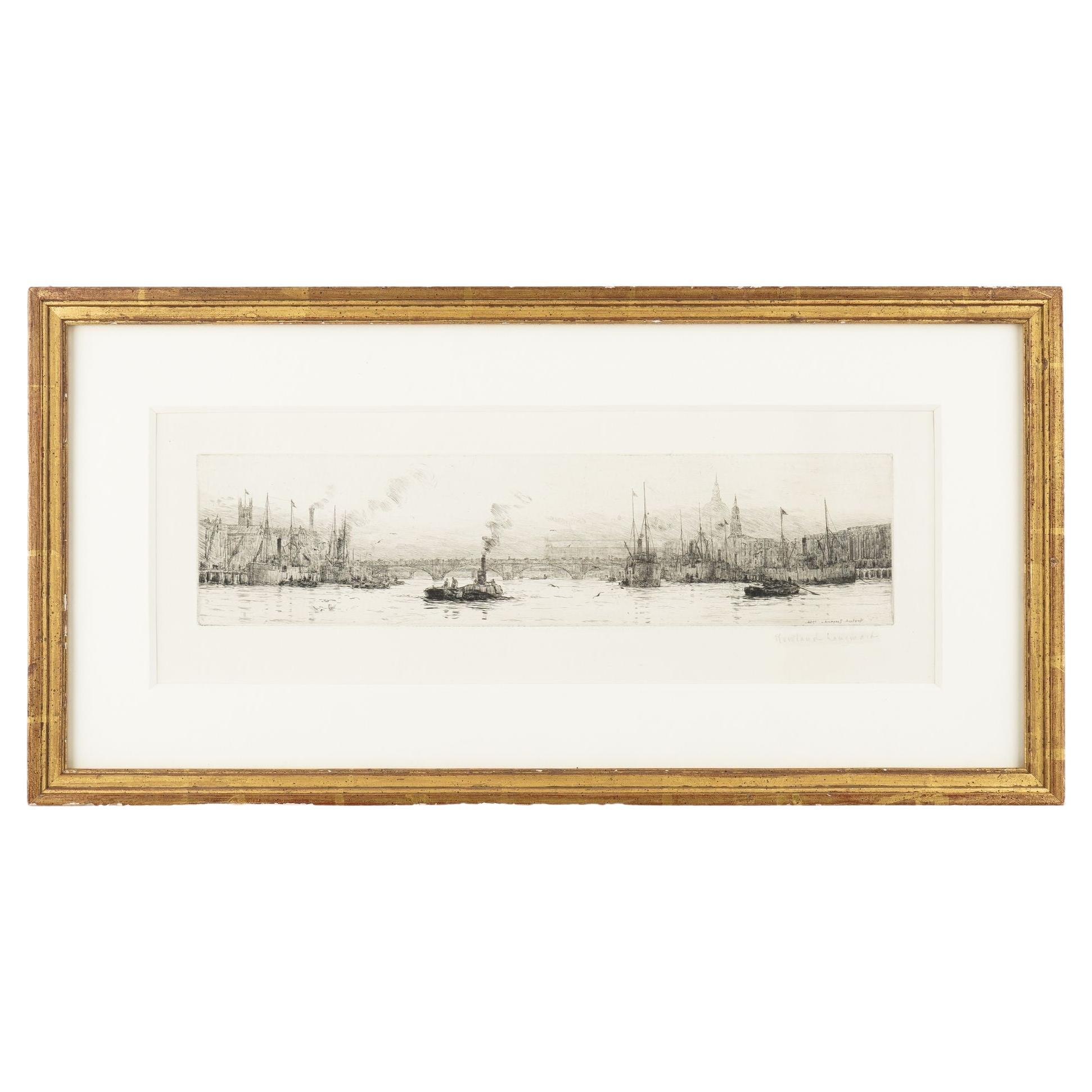Engraving of London from the Docklands by Rowland Langmaid, 1926