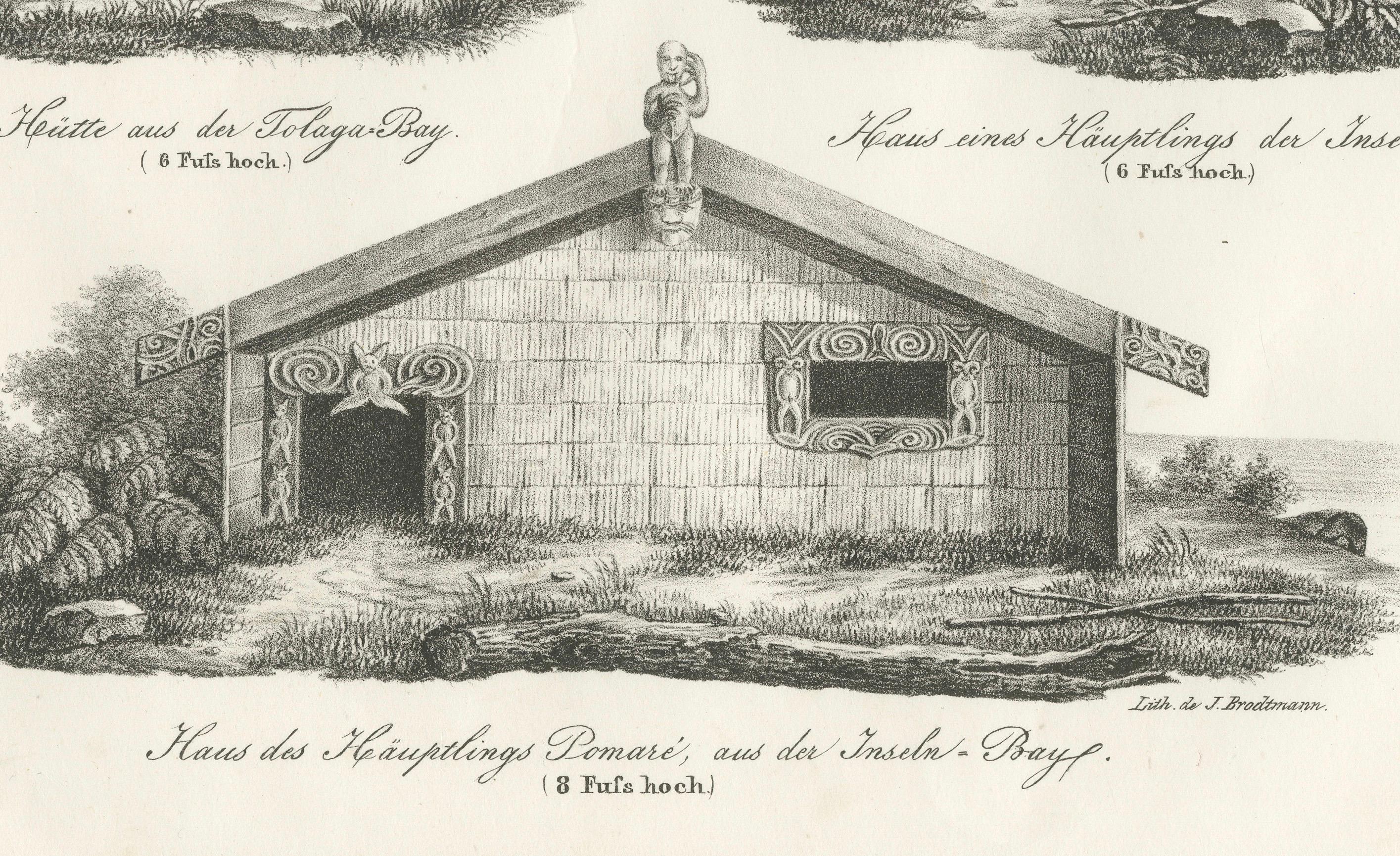 Incisione di abitazioni Maori da Tolaga Bay e Inseln-Bay, 1836 In condizioni buone in vendita a Langweer, NL
