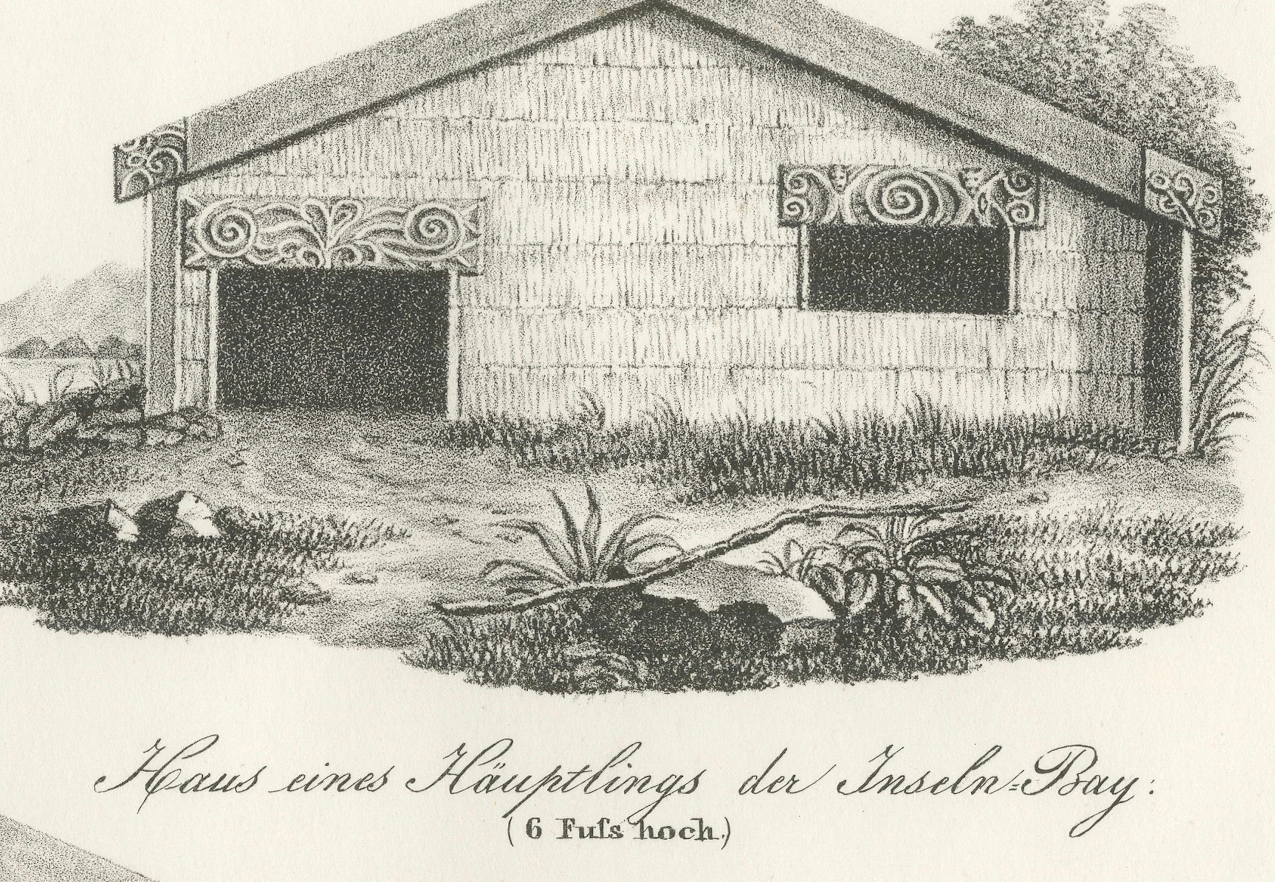 Metà XIX secolo Incisione di abitazioni Maori da Tolaga Bay e Inseln-Bay, 1836 in vendita