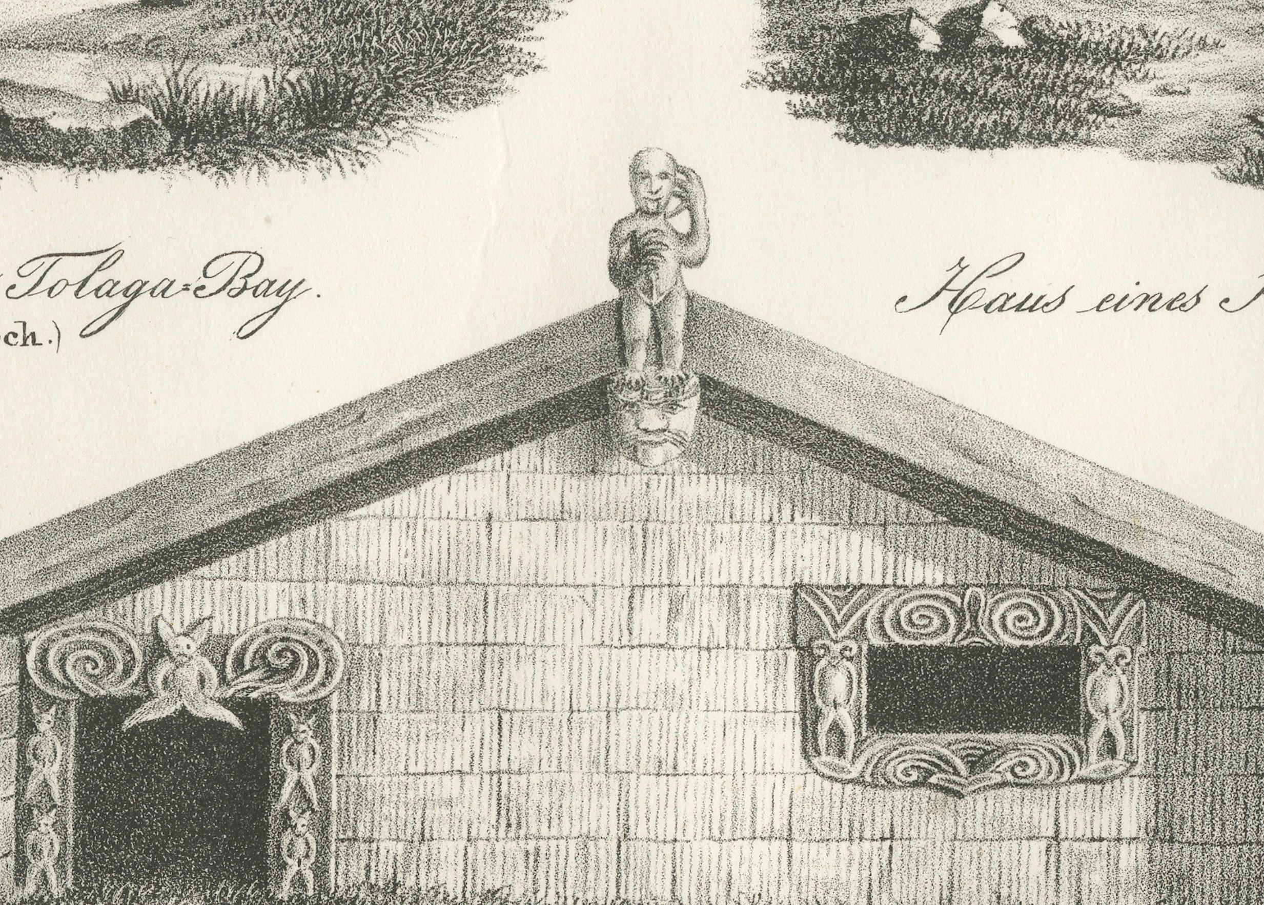 Incisione di abitazioni Maori da Tolaga Bay e Inseln-Bay, 1836 in vendita 1