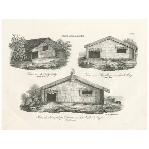Engraving of Maori Dwellings from Tolaga Bay and the Inseln-Bay, 1836