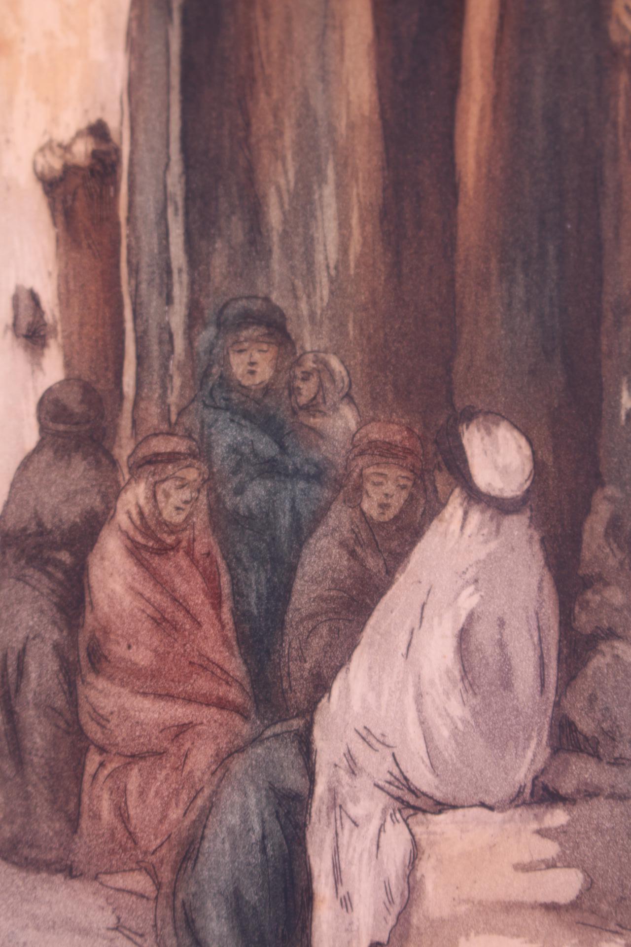Grabado de escena callejera de Marruecos Firmado Ch Manuel, hacia 1920 Bellas artes