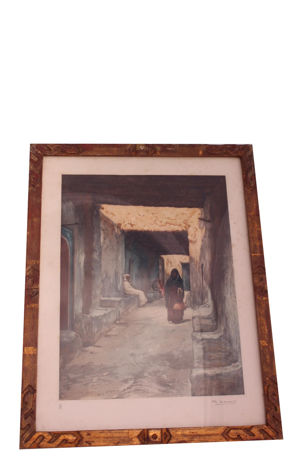 Paper Engraving of Morocco Street Scene signed Ch Manuel, circa 1920 For Sale