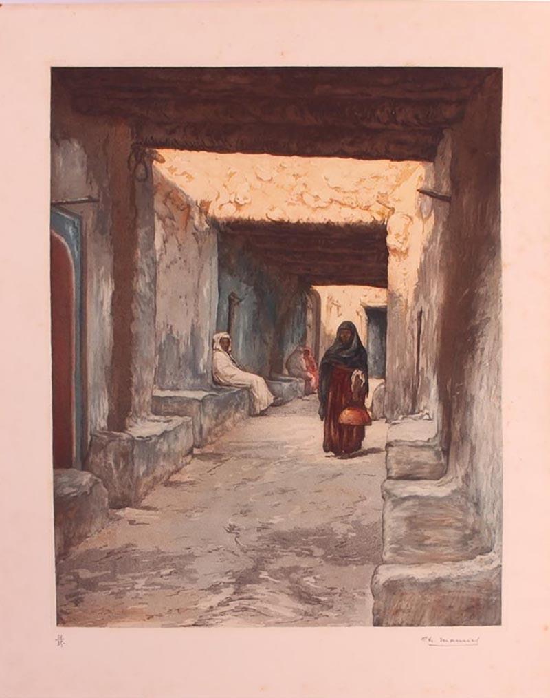 Engraving of Morocco Street Scene signed Ch Manuel, circa 1920 For Sale 2