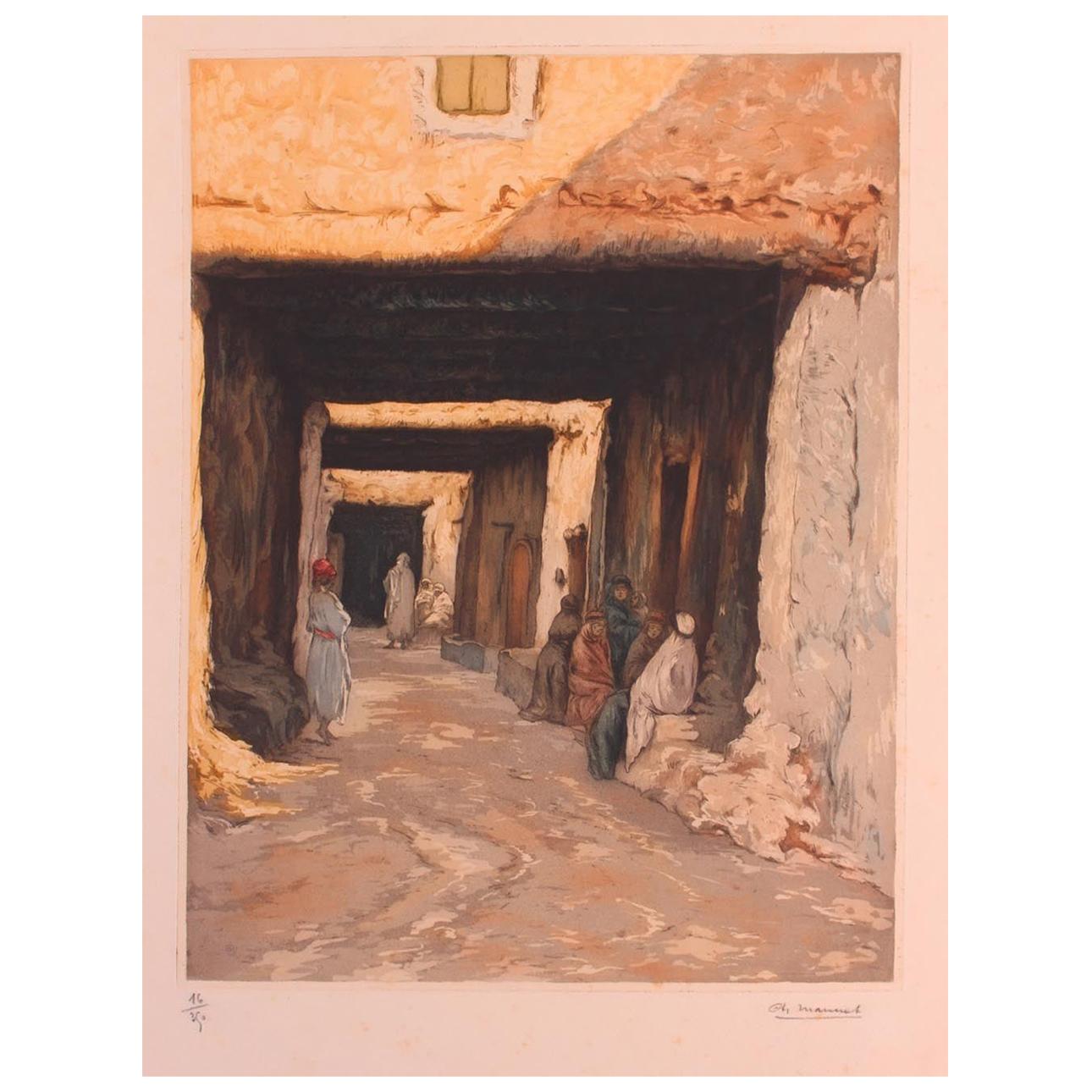 Engraving of Morocco Street Scene Signed Ch Manuel, circa 1920 For Sale