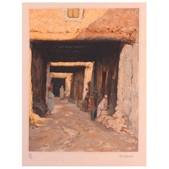 Gravure d'une scène de rue marocaine signée Ch Manuel, vers 1920