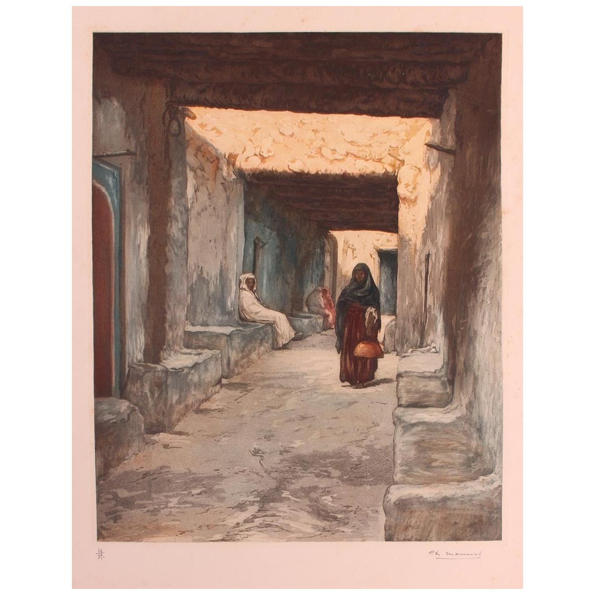 Engraving of Morocco Street Scene signed Ch Manuel, circa 1920 For Sale