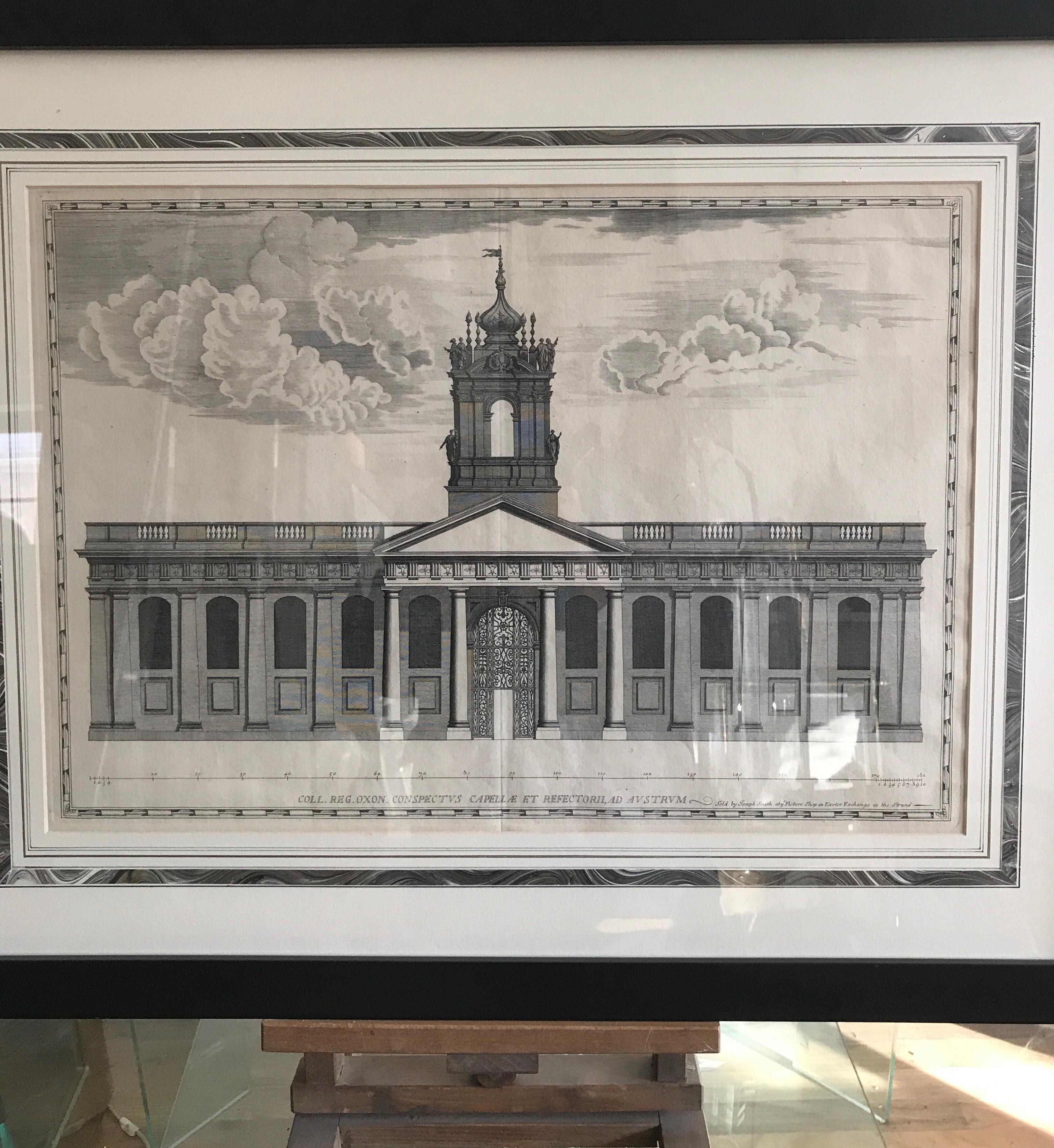 Architectural rendering of an Administration building on the campus of
Oxford University. The engraving is 18th century. Beautifully framed and matted
with a marbleized border. The bottom of the engraving reads:
Coll. Reg. Oxon. Conspectus Capellae