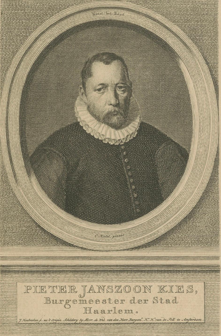 Gravure de Pieter Janszoon Kies - Maire de Haarlem, d'après Ketel / par Houbraken, c.1750

Cette gravure portrait finement détaillée représente Pieter Janszoon Kies, maire (Burgemeester) de la ville de Haarlem. Elle a été gravée par le célèbre