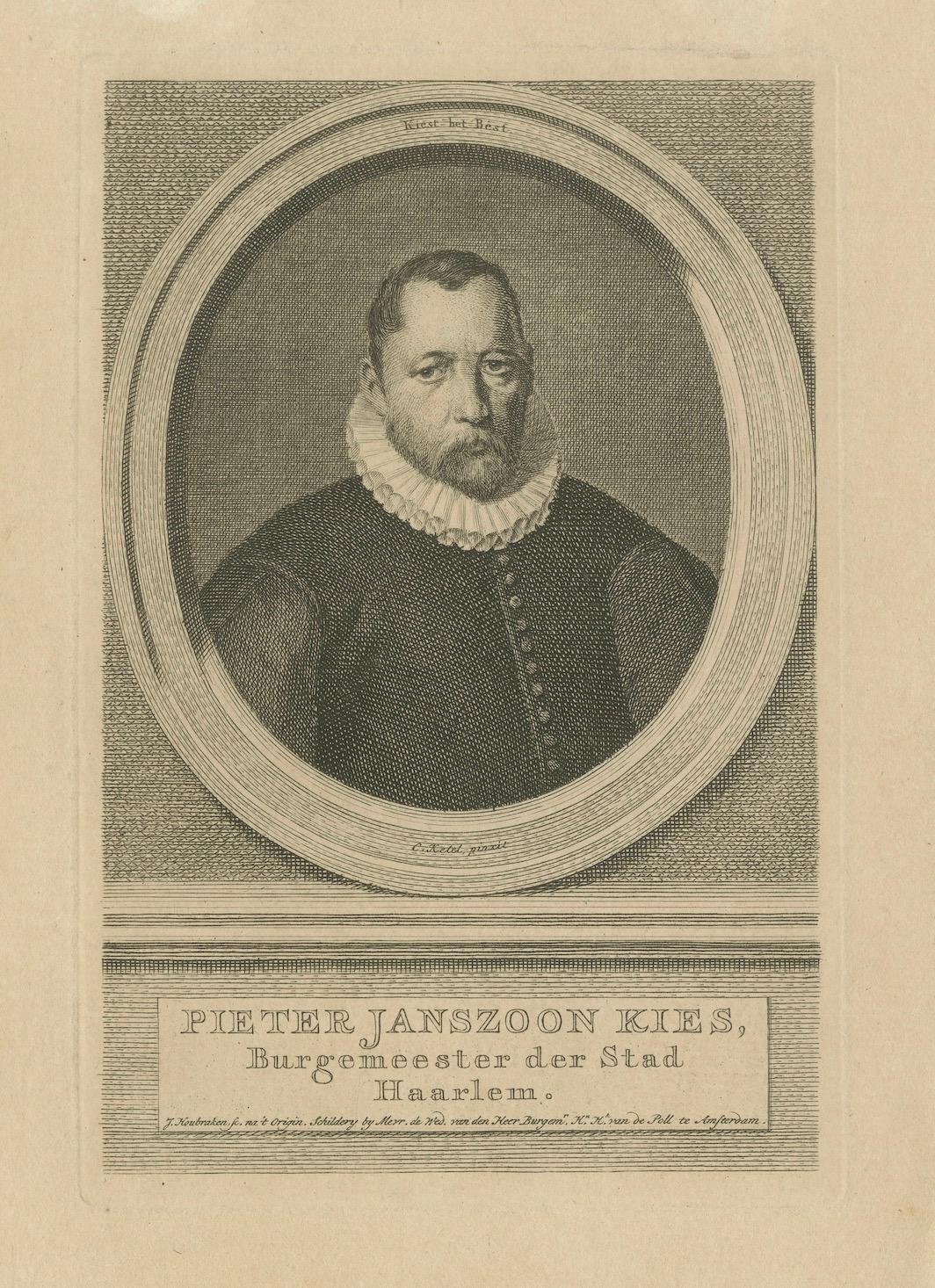 XVIIIe siècle Gravure de Pieter Janszoon Kies - Maire de Haarlem, par Houbraken, vers 1750 en vente