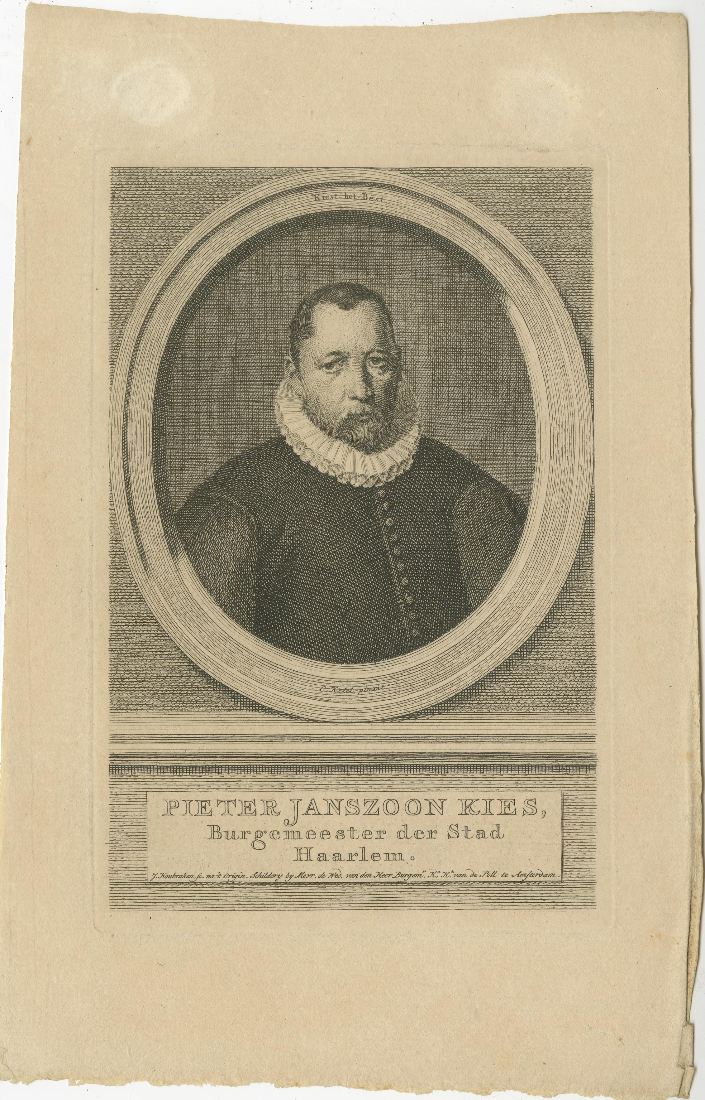 Papier Gravure de Pieter Janszoon Kies - Maire de Haarlem, par Houbraken, vers 1750 en vente