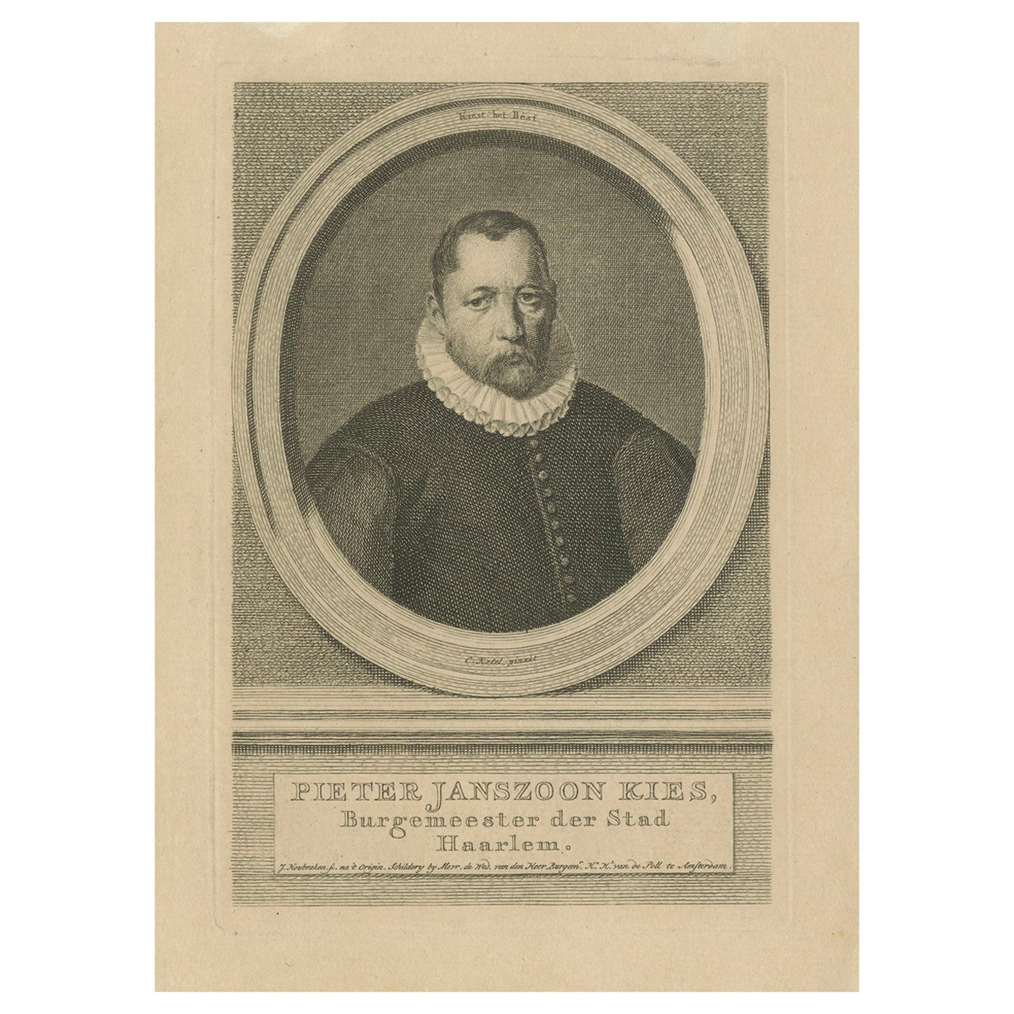 Grabado de Pieter Janszoon Kies - Alcalde de Haarlem, por Houbraken, hacia 1750