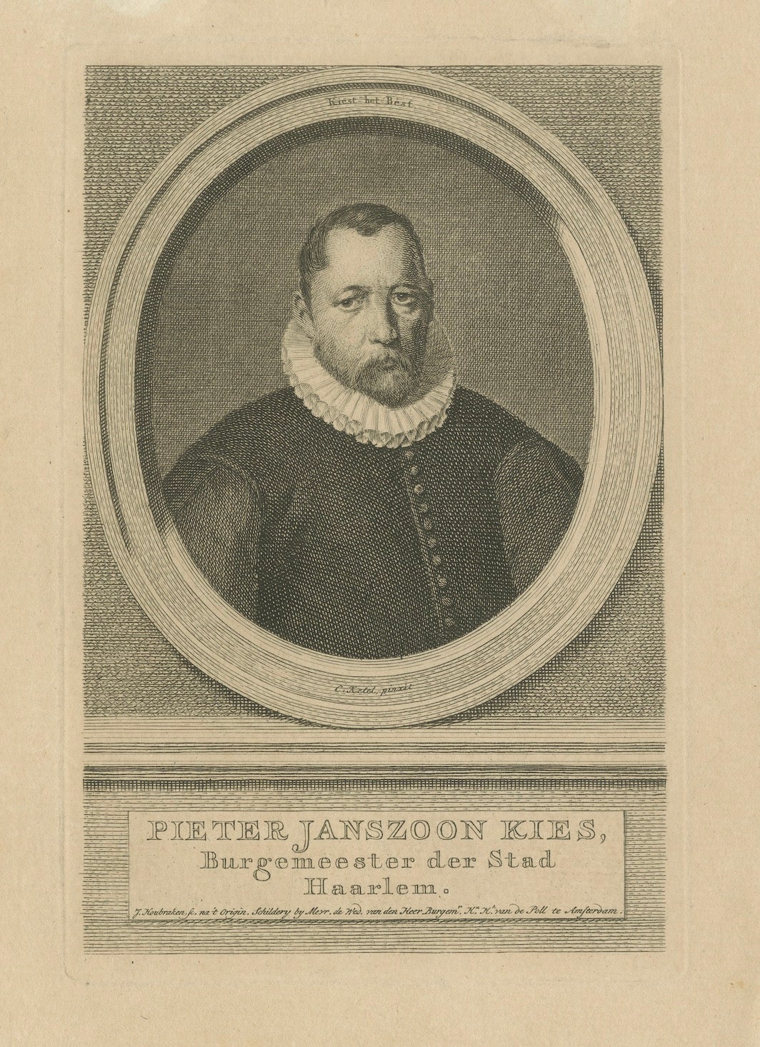 Gravure de Pieter Janszoon Kies - Maire de Haarlem, par Houbraken, vers 1750 en vente