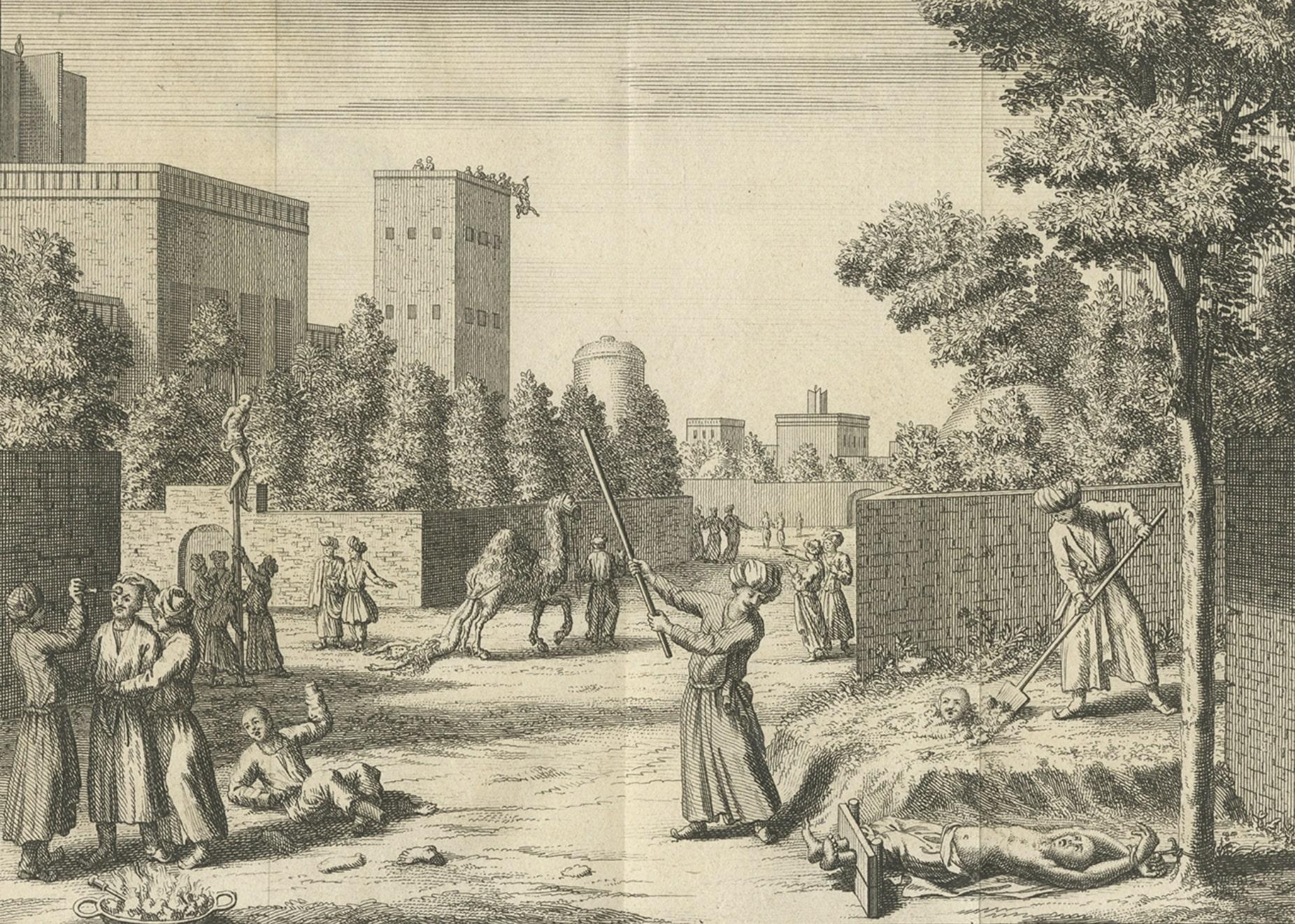Paper Engraving of Punishments of the Persians, Showing Variations of Torture, 1732 For Sale