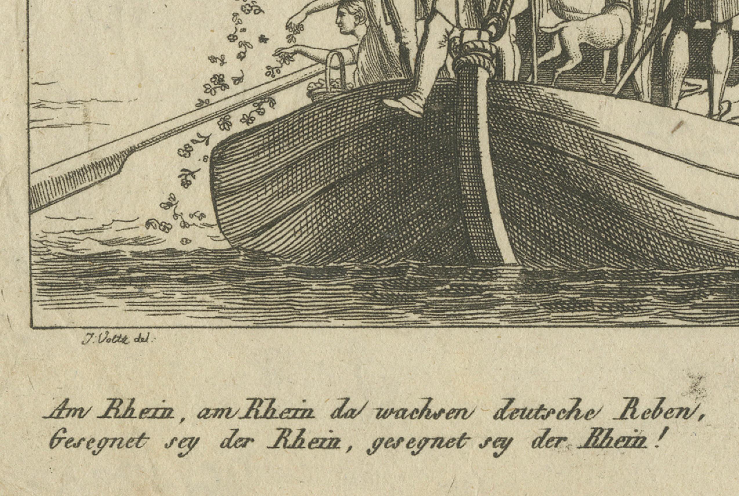 Dieser Stich zeigt eine charmante Szene, die mit der deutschen Kultur und ihrer Romantisierung des Rheins verbunden ist. Hier finden Sie eine detaillierte Beschreibung und Kontextanalyse für Katalogisierungs- oder Verkaufszwecke.

Titel: Kupferstich